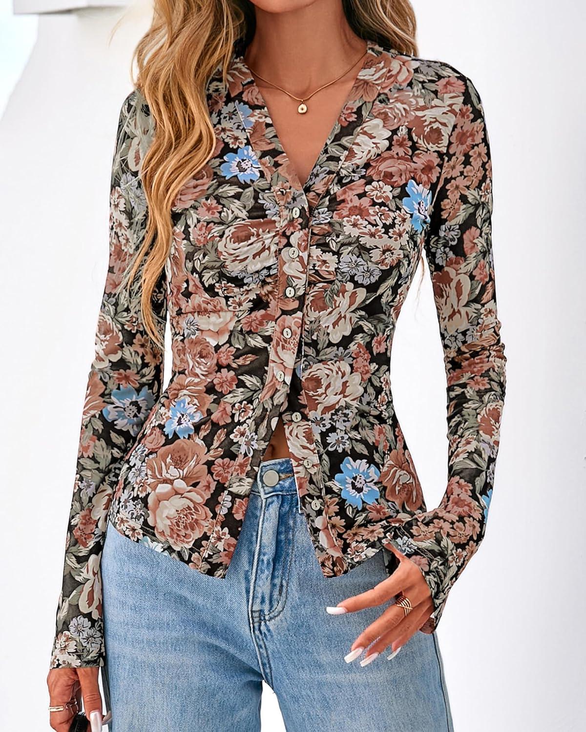 imageBTFBM Button Down Shirts for Women Fall Fashion 2025 V Neck Long Sleeve Blouse Ruched Mesh Fitted Floral Print Boho TopsFloral Black Orange