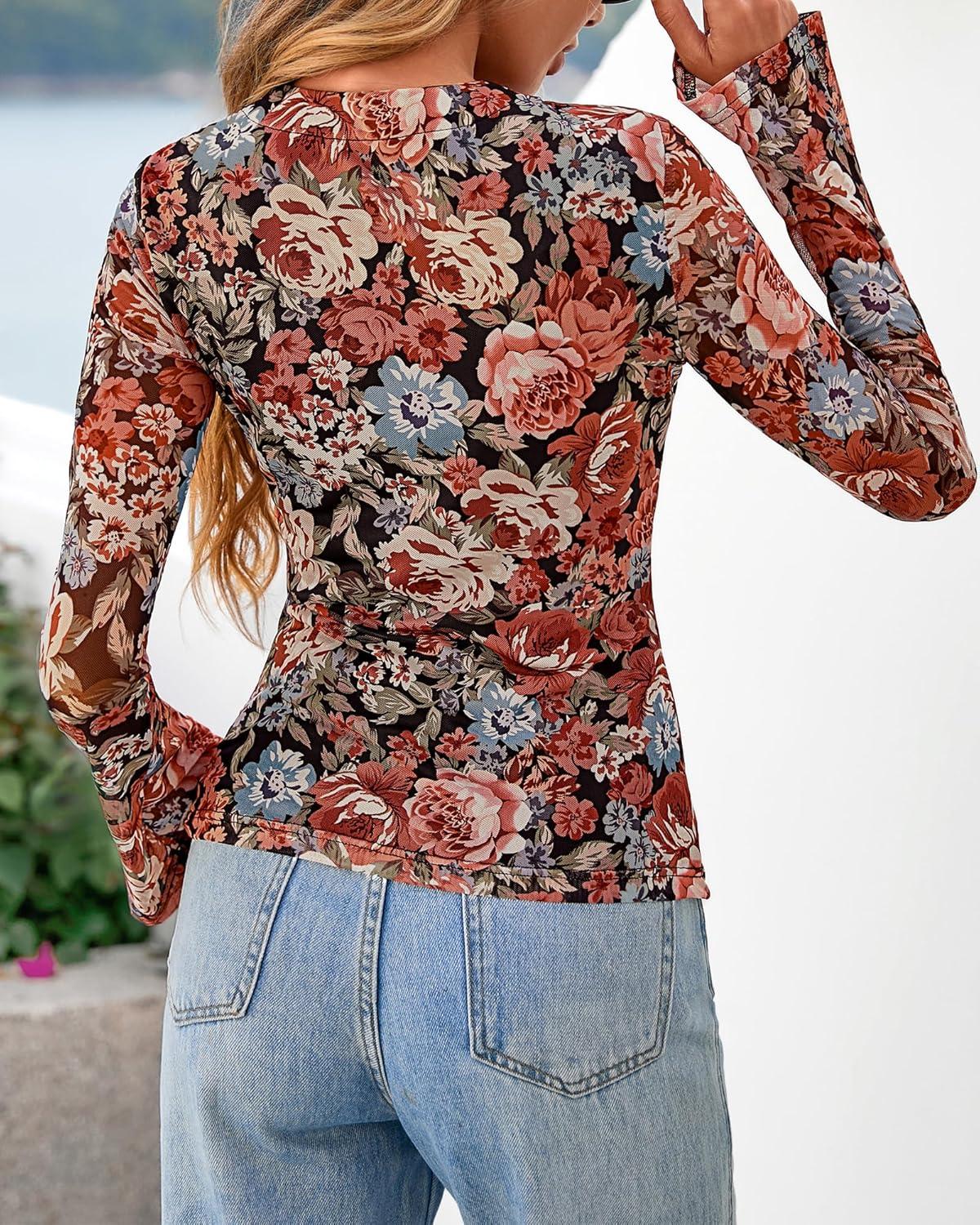 imageBTFBM Button Down Shirts for Women Fall Fashion 2025 V Neck Long Sleeve Blouse Ruched Mesh Fitted Floral Print Boho TopsFloral Black Red