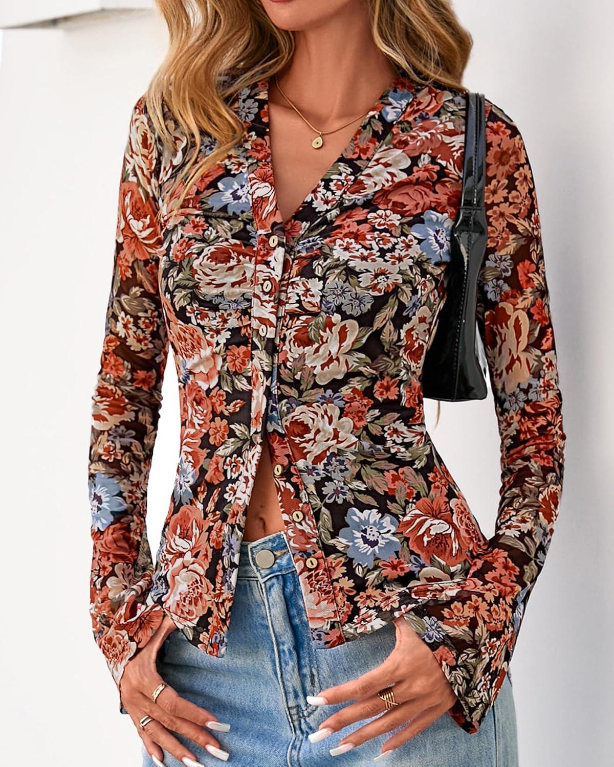 imageBTFBM Button Down Shirts for Women Fall Fashion 2025 V Neck Long Sleeve Blouse Ruched Mesh Fitted Floral Print Boho TopsFloral Black Red