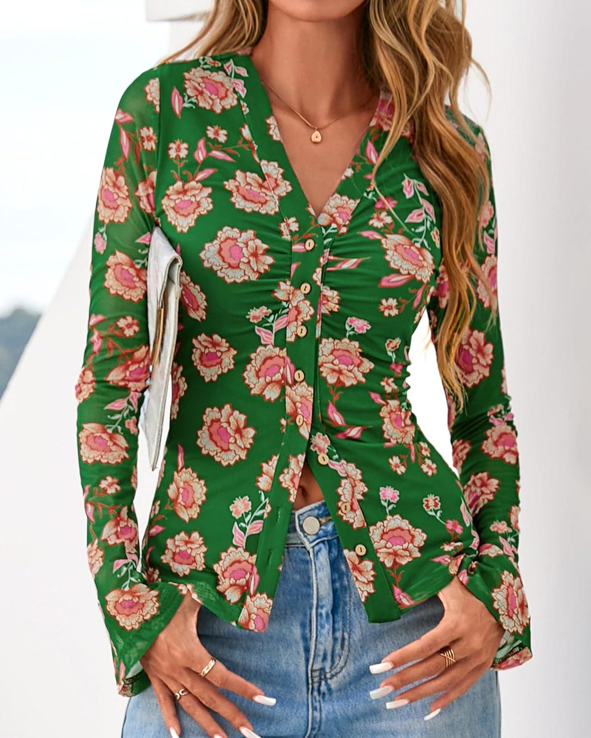 imageBTFBM Button Down Shirts for Women Fall Fashion 2025 V Neck Long Sleeve Blouse Ruched Mesh Fitted Floral Print Boho TopsGreen