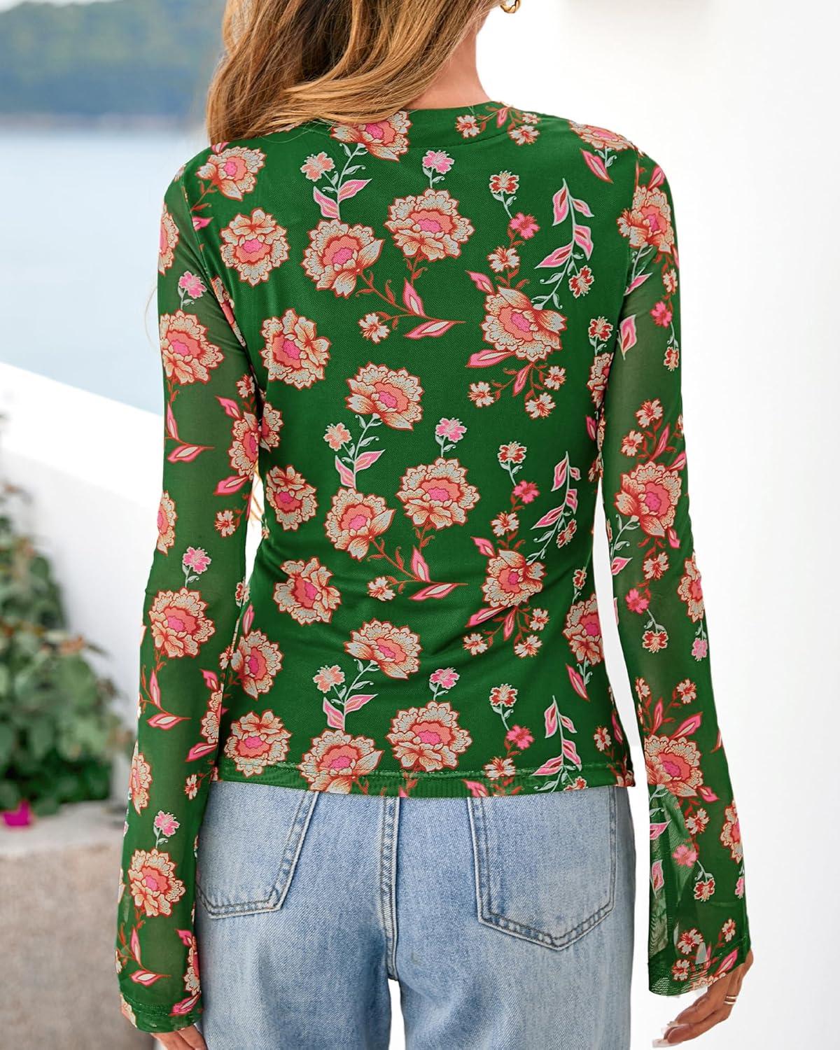 imageBTFBM Button Down Shirts for Women Fall Fashion 2025 V Neck Long Sleeve Blouse Ruched Mesh Fitted Floral Print Boho TopsGreen