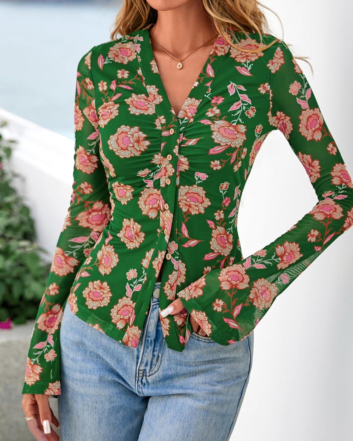 imageBTFBM Button Down Shirts for Women Fall Fashion 2025 V Neck Long Sleeve Blouse Ruched Mesh Fitted Floral Print Boho TopsGreen