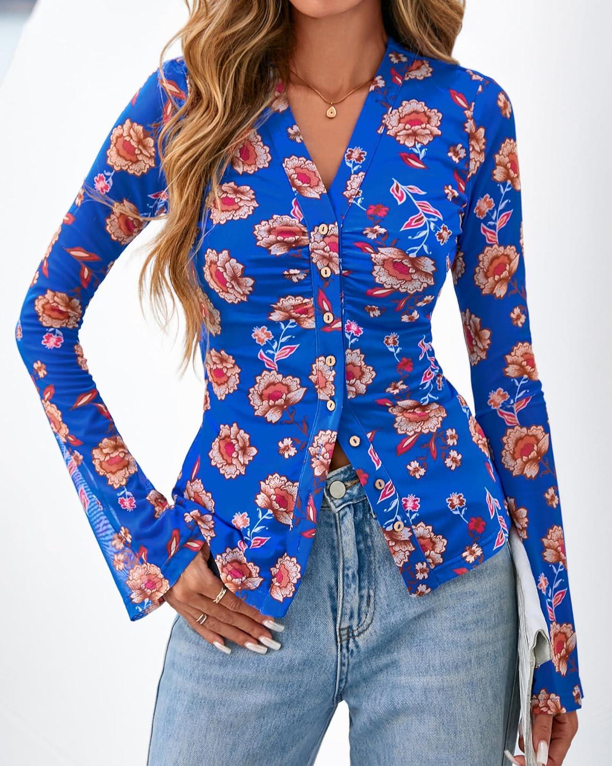 imageBTFBM Button Down Shirts for Women Fall Fashion 2025 V Neck Long Sleeve Blouse Ruched Mesh Fitted Floral Print Boho TopsRoyal Blue