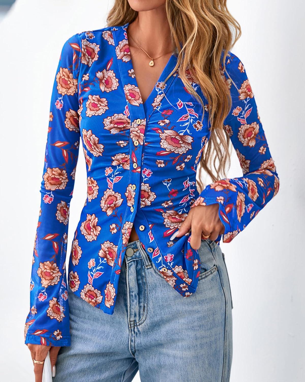 imageBTFBM Button Down Shirts for Women Fall Fashion 2025 V Neck Long Sleeve Blouse Ruched Mesh Fitted Floral Print Boho TopsRoyal Blue