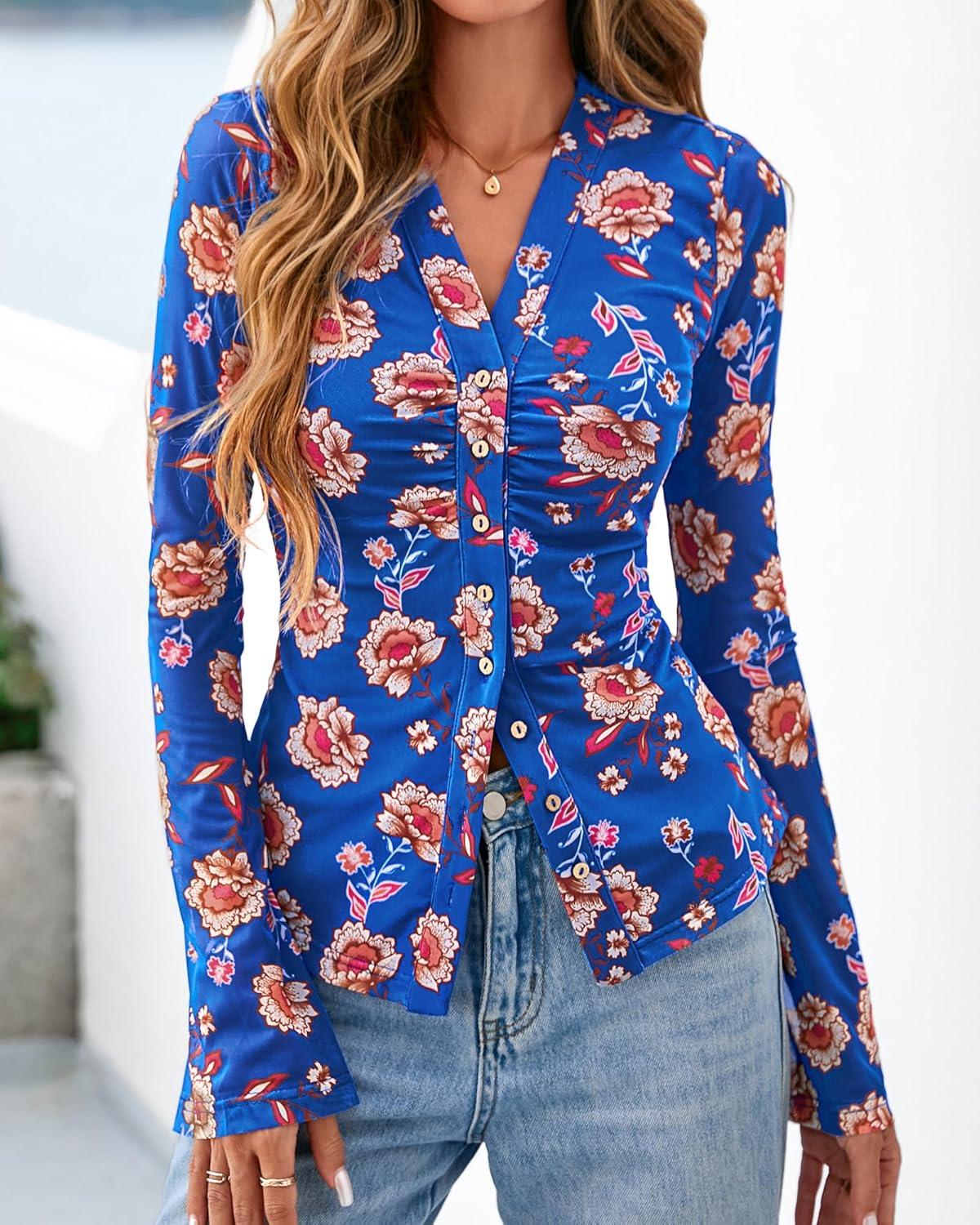 imageBTFBM Button Down Shirts for Women Fall Fashion 2025 V Neck Long Sleeve Blouse Ruched Mesh Fitted Floral Print Boho TopsRoyal Blue