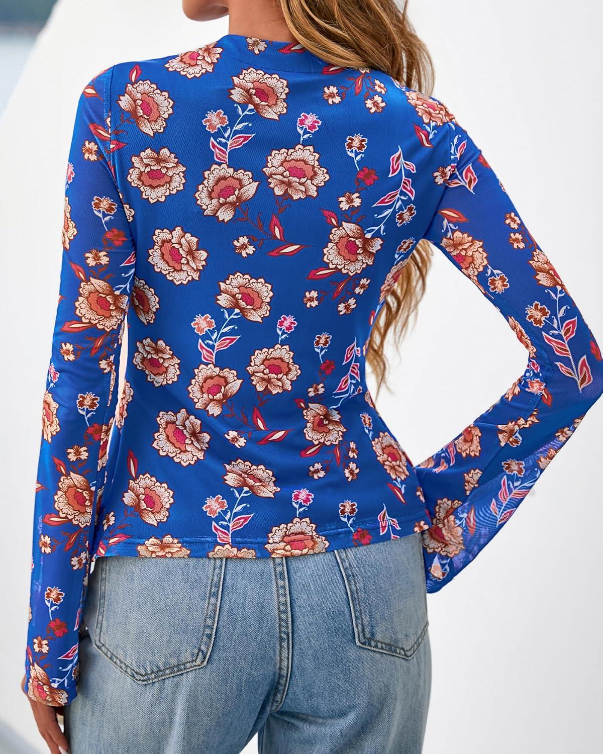 imageBTFBM Button Down Shirts for Women Fall Fashion 2025 V Neck Long Sleeve Blouse Ruched Mesh Fitted Floral Print Boho TopsRoyal Blue