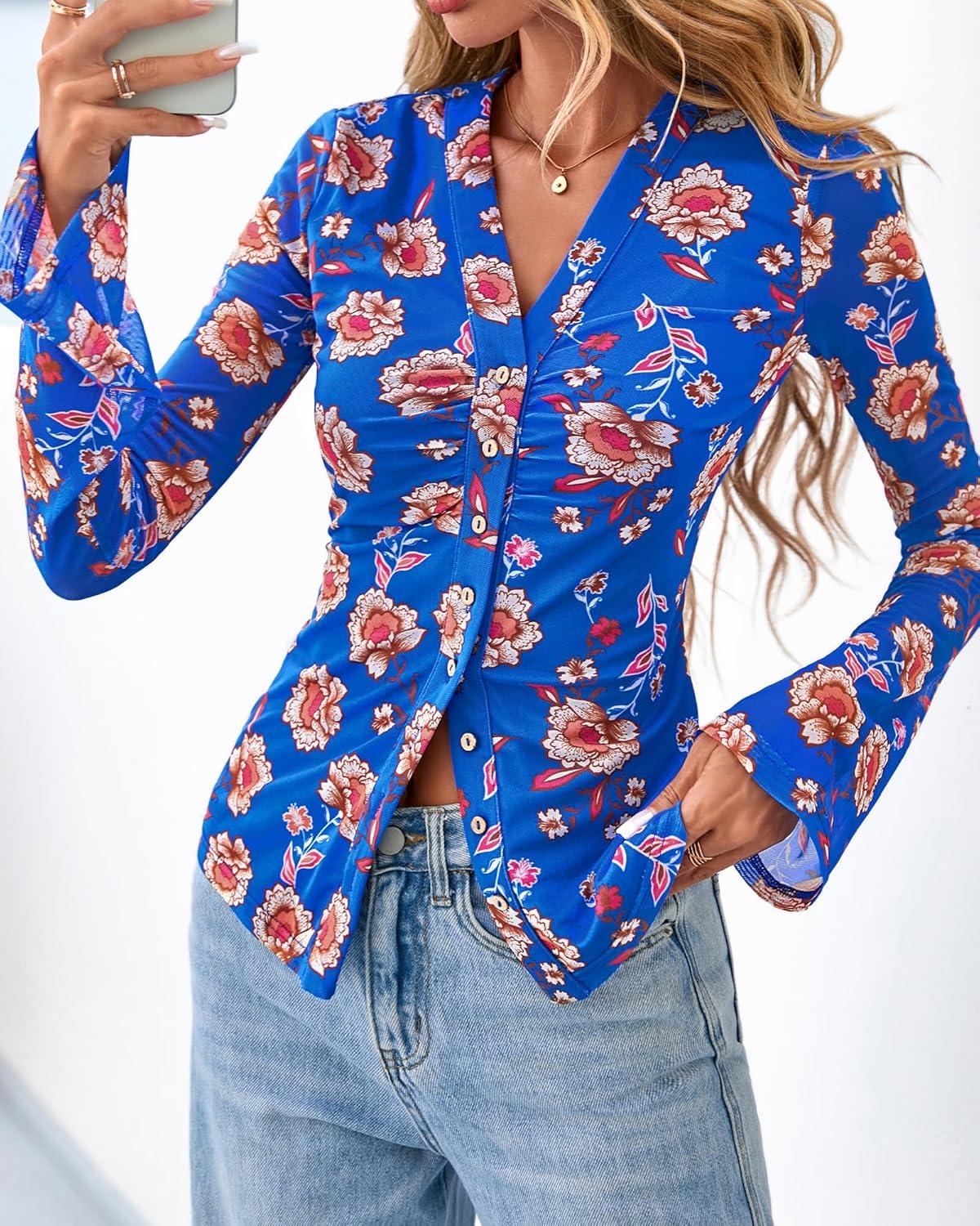 imageBTFBM Button Down Shirts for Women Fall Fashion 2025 V Neck Long Sleeve Blouse Ruched Mesh Fitted Floral Print Boho TopsRoyal Blue