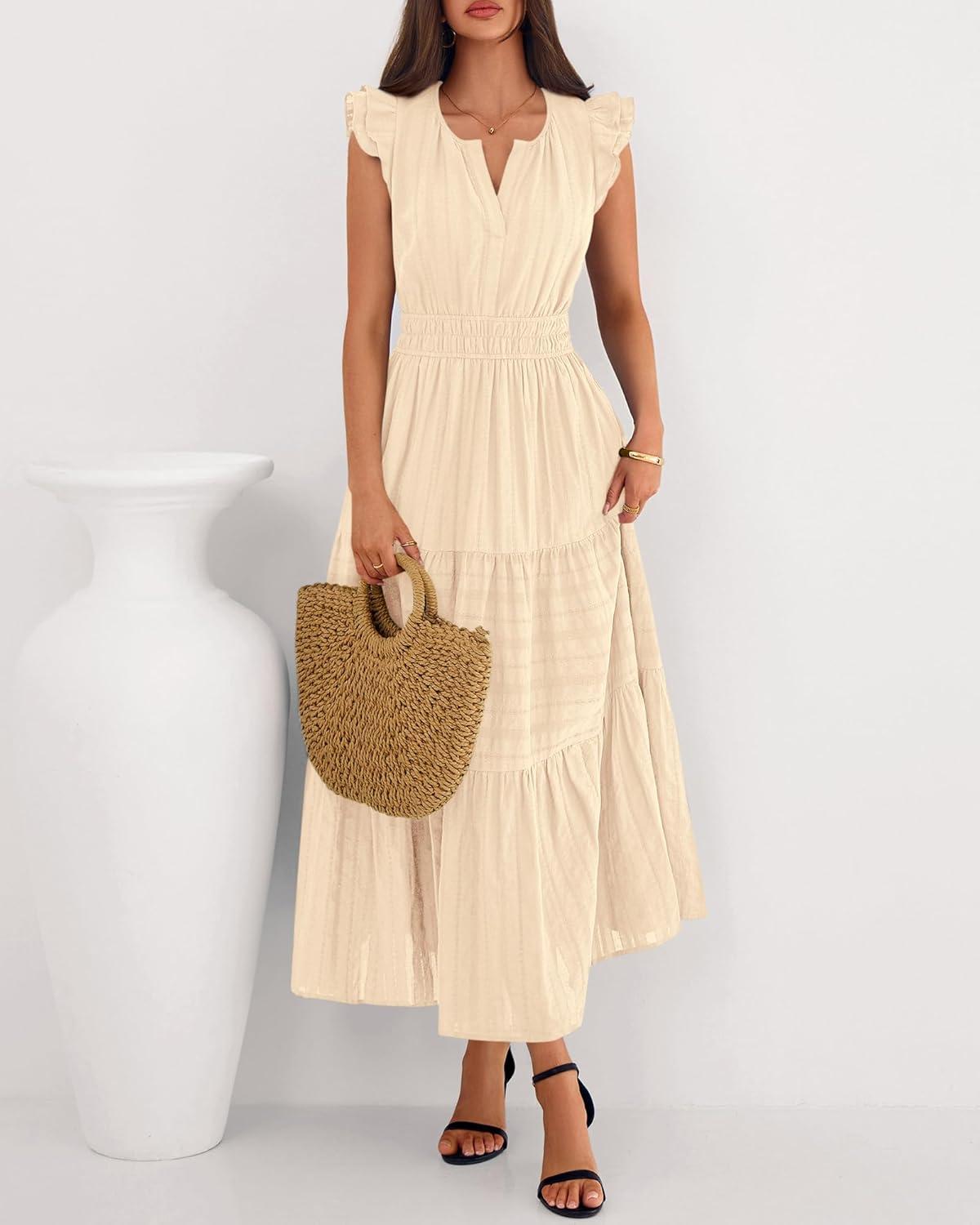 imageBTFBM Dresses for Women Spring 2026 Maxi Casual Dress Flutter Short Sleeve V Neck Elastic Waist Boho Beach Vacation PocketsApricot