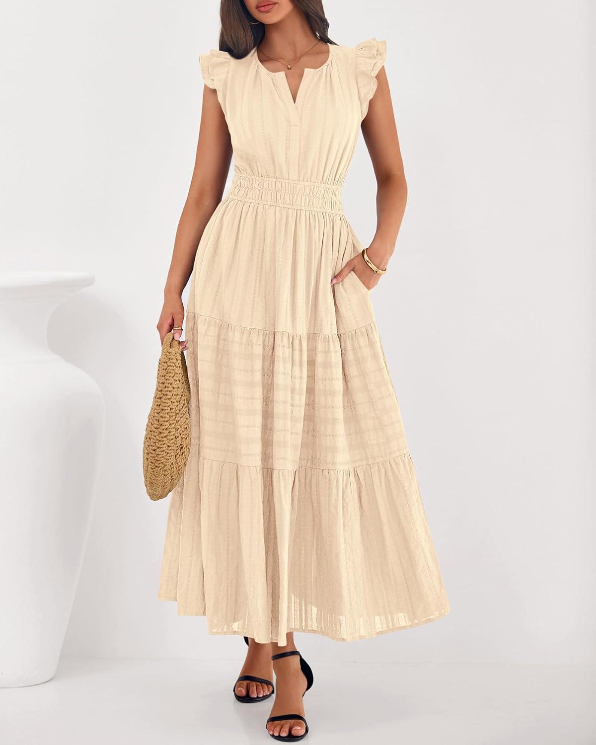 imageBTFBM Dresses for Women Spring 2026 Maxi Casual Dress Flutter Short Sleeve V Neck Elastic Waist Boho Beach Vacation PocketsApricot