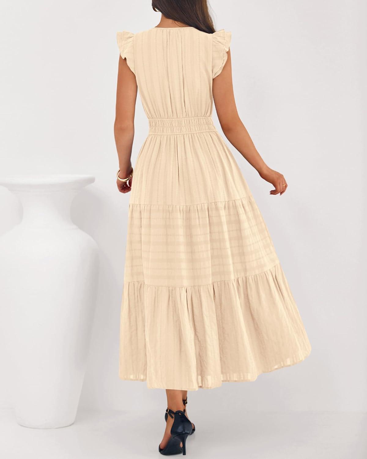 imageBTFBM Dresses for Women Spring 2026 Maxi Casual Dress Flutter Short Sleeve V Neck Elastic Waist Boho Beach Vacation PocketsApricot