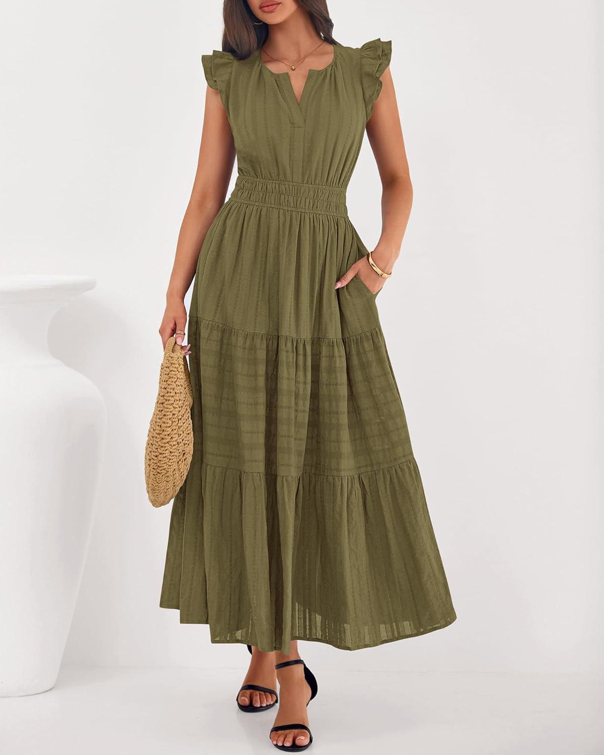 imageBTFBM Dresses for Women Spring 2026 Maxi Casual Dress Flutter Short Sleeve V Neck Elastic Waist Boho Beach Vacation PocketsArmy Green