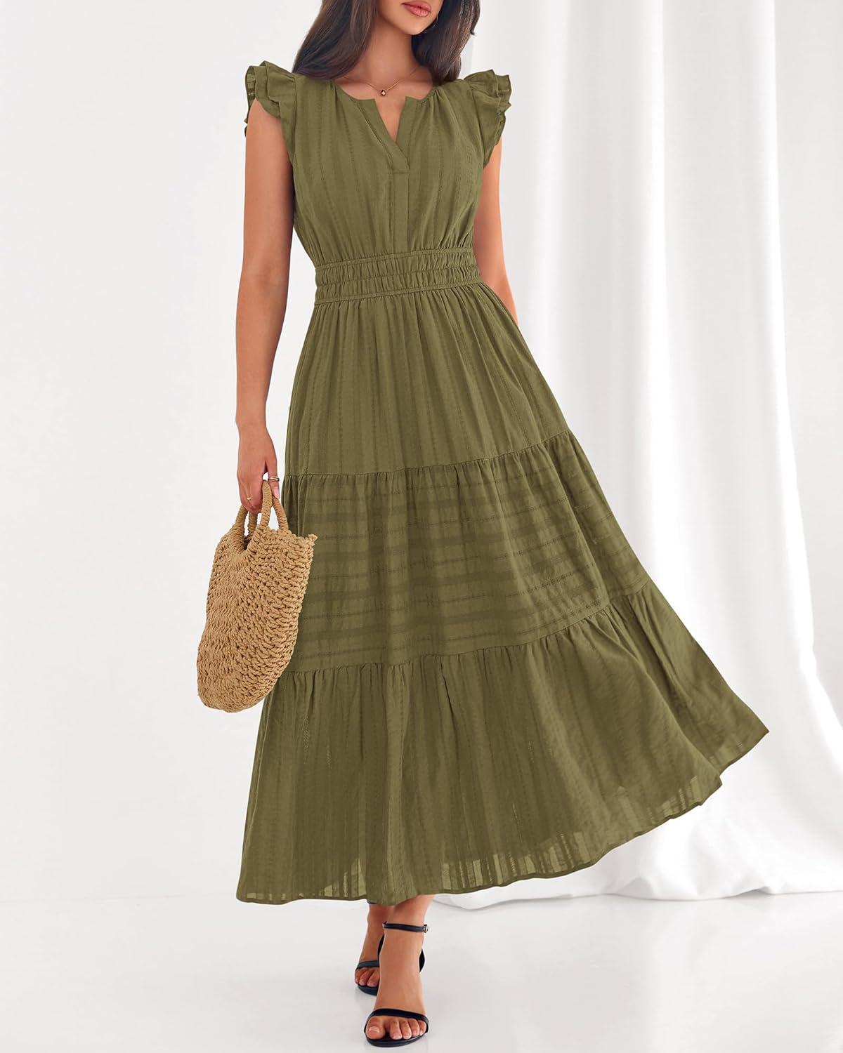 imageBTFBM Dresses for Women Spring 2026 Maxi Casual Dress Flutter Short Sleeve V Neck Elastic Waist Boho Beach Vacation PocketsArmy Green