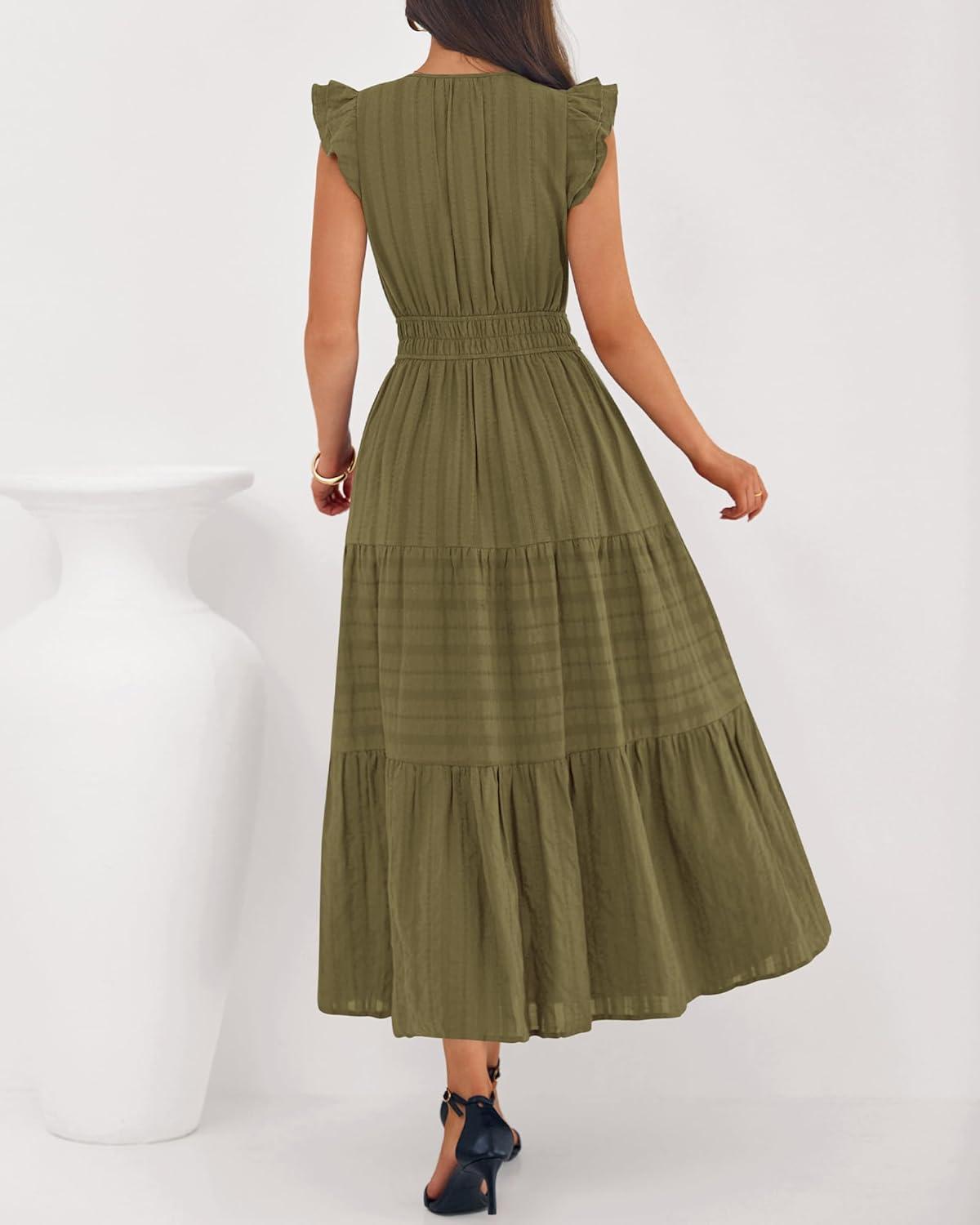 imageBTFBM Dresses for Women Spring 2026 Maxi Casual Dress Flutter Short Sleeve V Neck Elastic Waist Boho Beach Vacation PocketsArmy Green