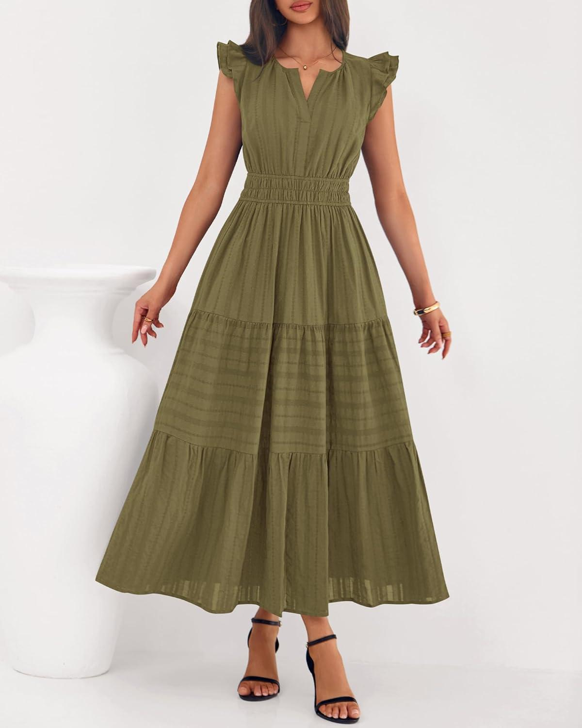 imageBTFBM Dresses for Women Spring 2026 Maxi Casual Dress Flutter Short Sleeve V Neck Elastic Waist Boho Beach Vacation PocketsArmy Green