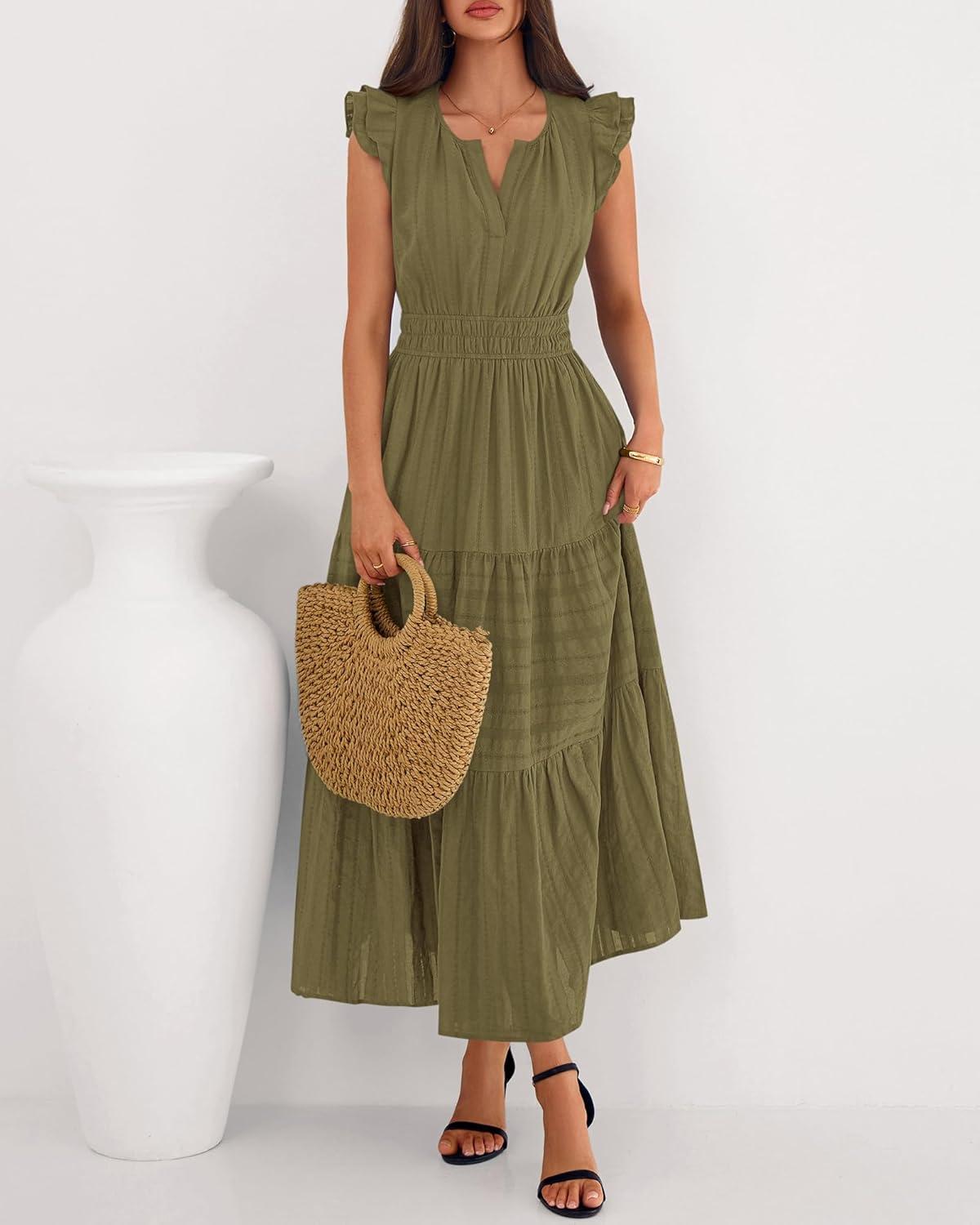 imageBTFBM Dresses for Women Spring 2026 Maxi Casual Dress Flutter Short Sleeve V Neck Elastic Waist Boho Beach Vacation PocketsArmy Green