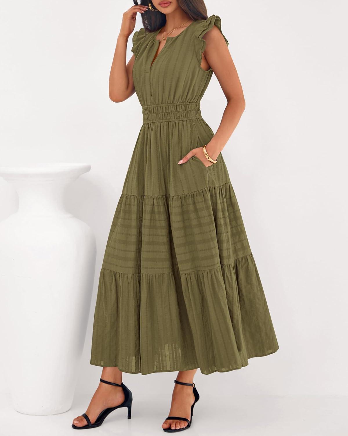 imageBTFBM Dresses for Women Spring 2026 Maxi Casual Dress Flutter Short Sleeve V Neck Elastic Waist Boho Beach Vacation PocketsArmy Green
