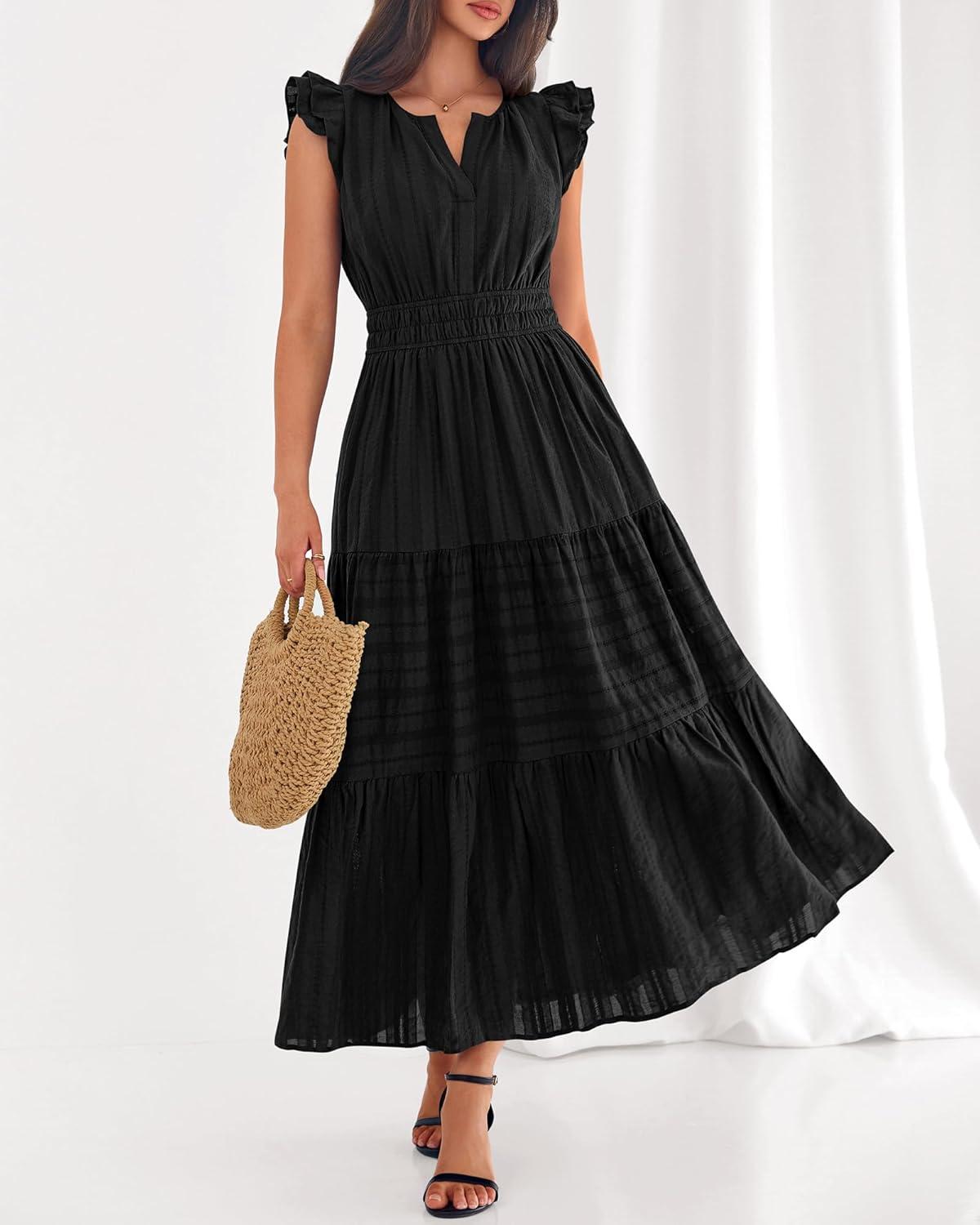 imageBTFBM Dresses for Women Spring 2026 Maxi Casual Dress Flutter Short Sleeve V Neck Elastic Waist Boho Beach Vacation PocketsBlack