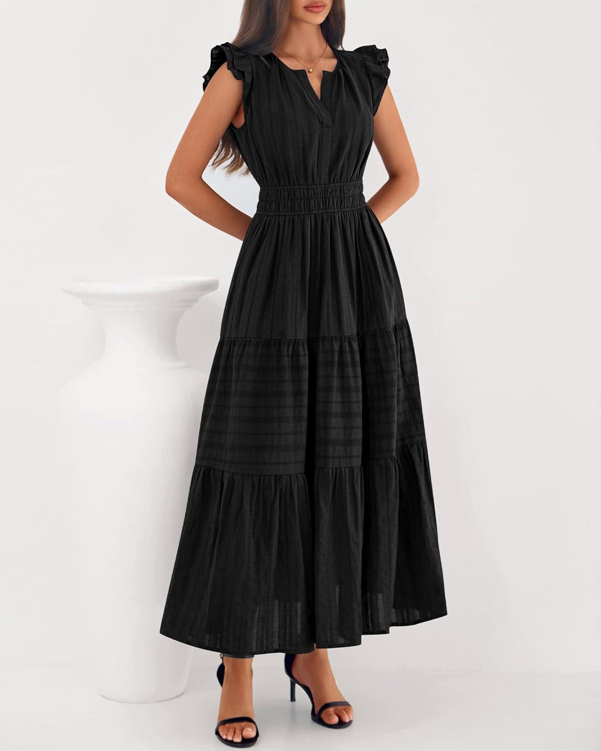 imageBTFBM Dresses for Women Spring 2026 Maxi Casual Dress Flutter Short Sleeve V Neck Elastic Waist Boho Beach Vacation PocketsBlack