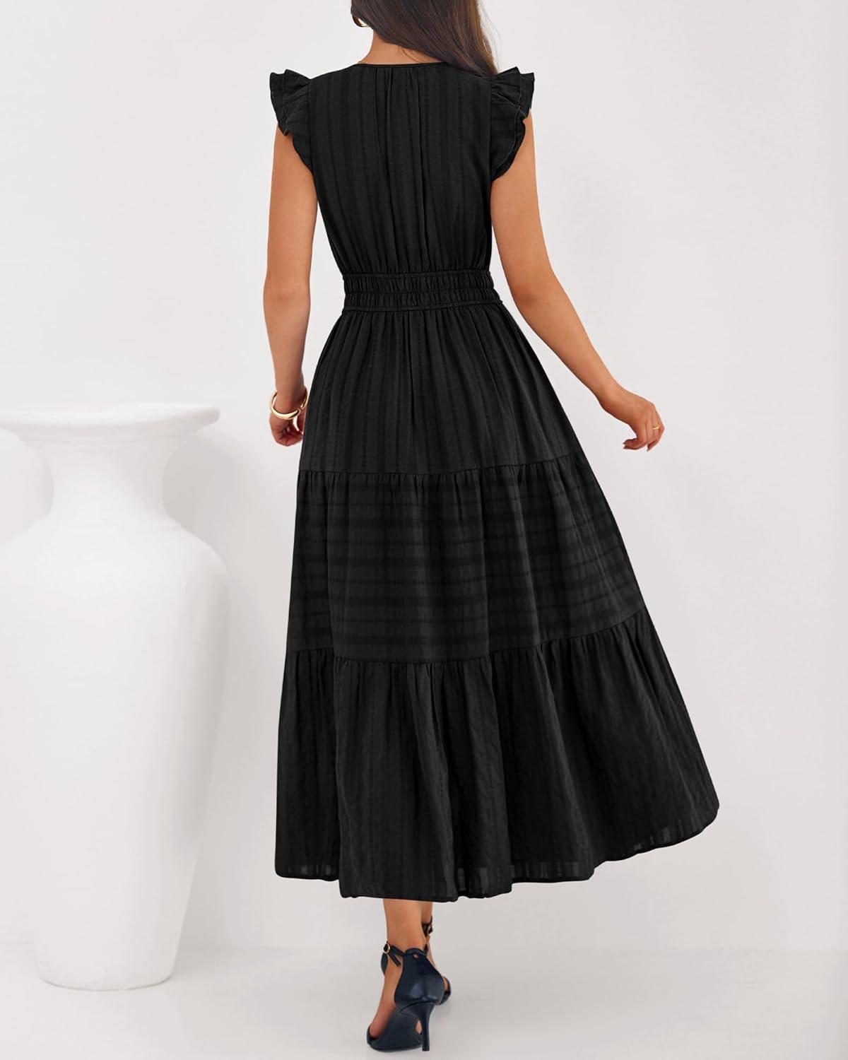 imageBTFBM Dresses for Women Spring 2026 Maxi Casual Dress Flutter Short Sleeve V Neck Elastic Waist Boho Beach Vacation PocketsBlack