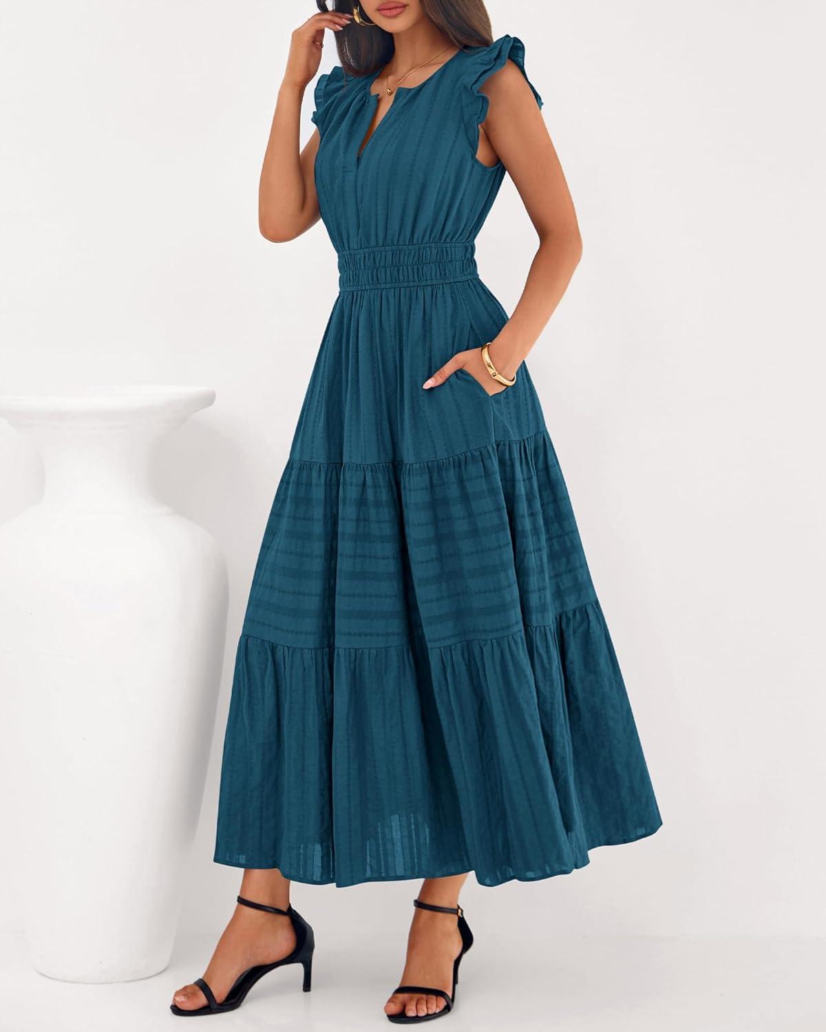 imageBTFBM Dresses for Women Spring 2026 Maxi Casual Dress Flutter Short Sleeve V Neck Elastic Waist Boho Beach Vacation PocketsLake Blue