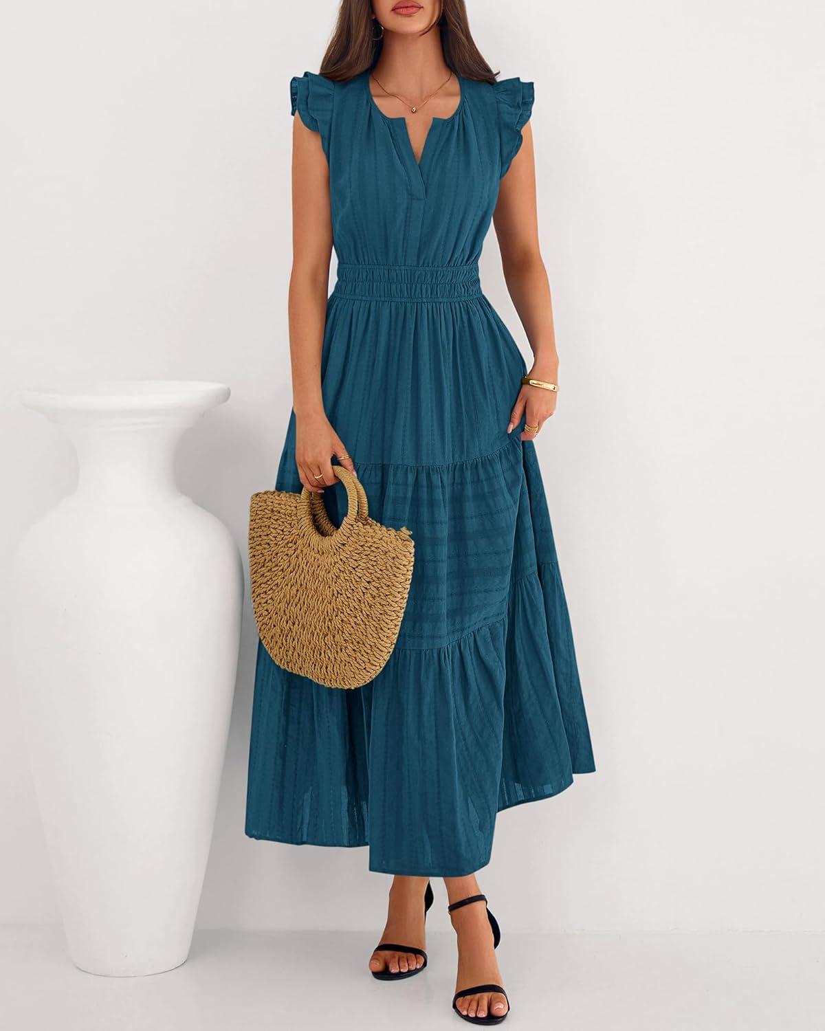 imageBTFBM Dresses for Women Spring 2026 Maxi Casual Dress Flutter Short Sleeve V Neck Elastic Waist Boho Beach Vacation PocketsLake Blue