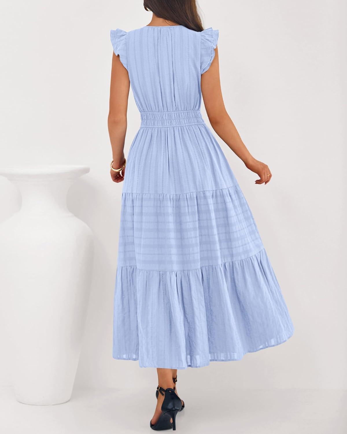 imageBTFBM Dresses for Women Spring 2026 Maxi Casual Dress Flutter Short Sleeve V Neck Elastic Waist Boho Beach Vacation PocketsLight Blue