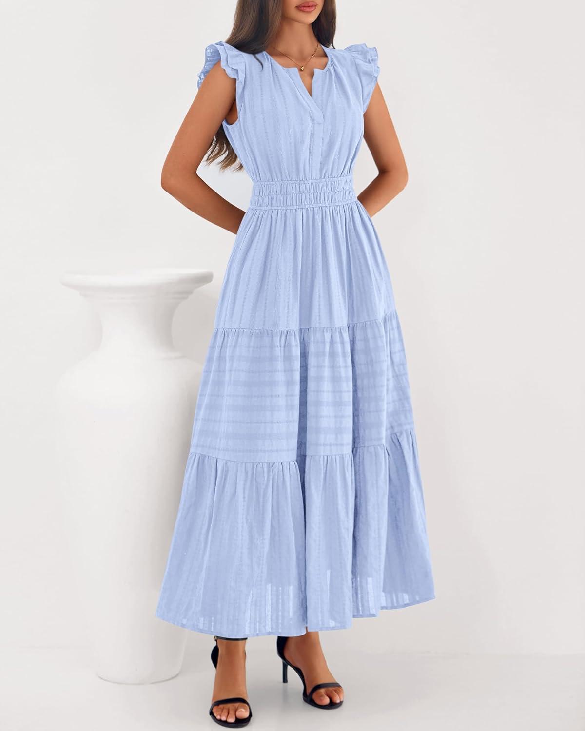 imageBTFBM Dresses for Women Spring 2026 Maxi Casual Dress Flutter Short Sleeve V Neck Elastic Waist Boho Beach Vacation PocketsLight Blue