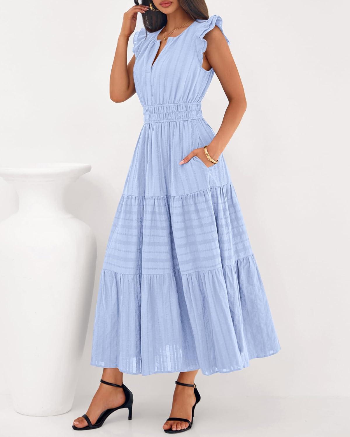 imageBTFBM Dresses for Women Spring 2026 Maxi Casual Dress Flutter Short Sleeve V Neck Elastic Waist Boho Beach Vacation PocketsLight Blue