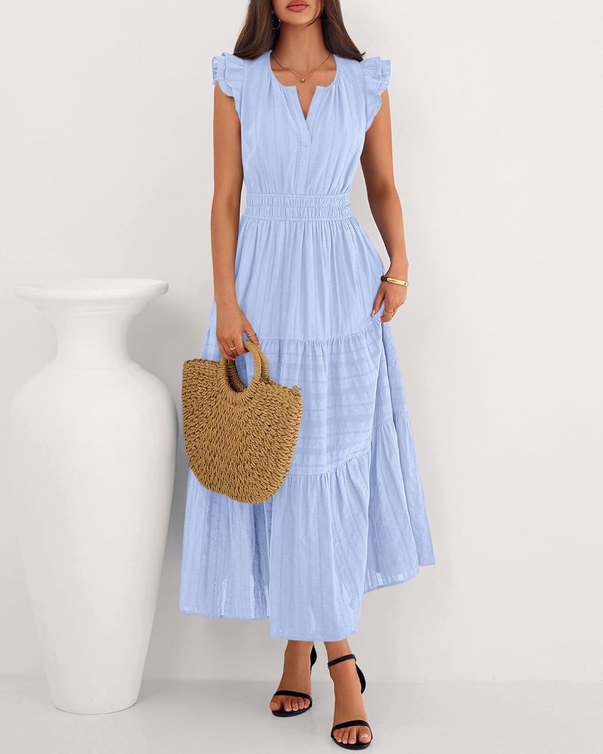 imageBTFBM Dresses for Women Spring 2026 Maxi Casual Dress Flutter Short Sleeve V Neck Elastic Waist Boho Beach Vacation PocketsLight Blue