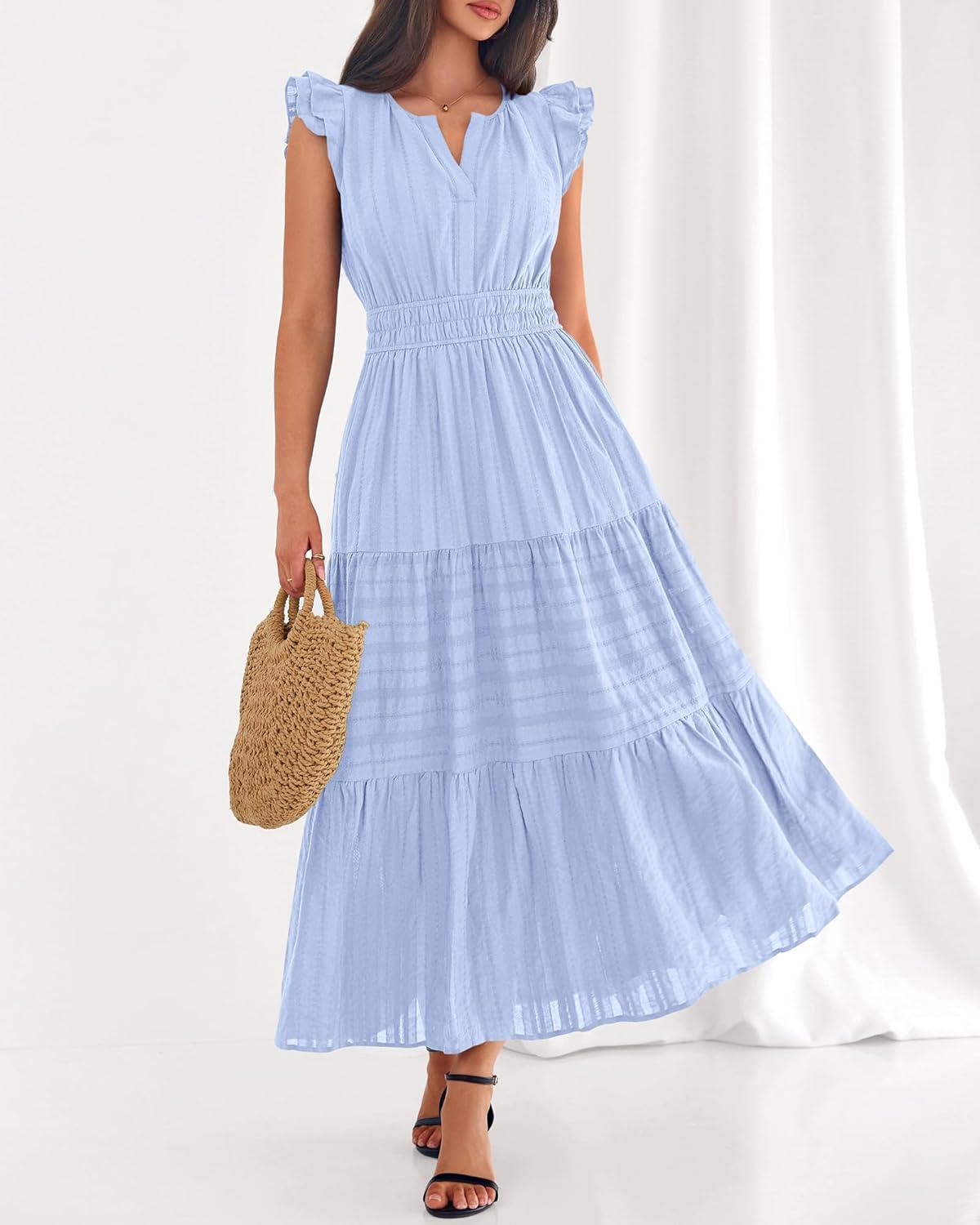 imageBTFBM Dresses for Women Spring 2026 Maxi Casual Dress Flutter Short Sleeve V Neck Elastic Waist Boho Beach Vacation PocketsLight Blue