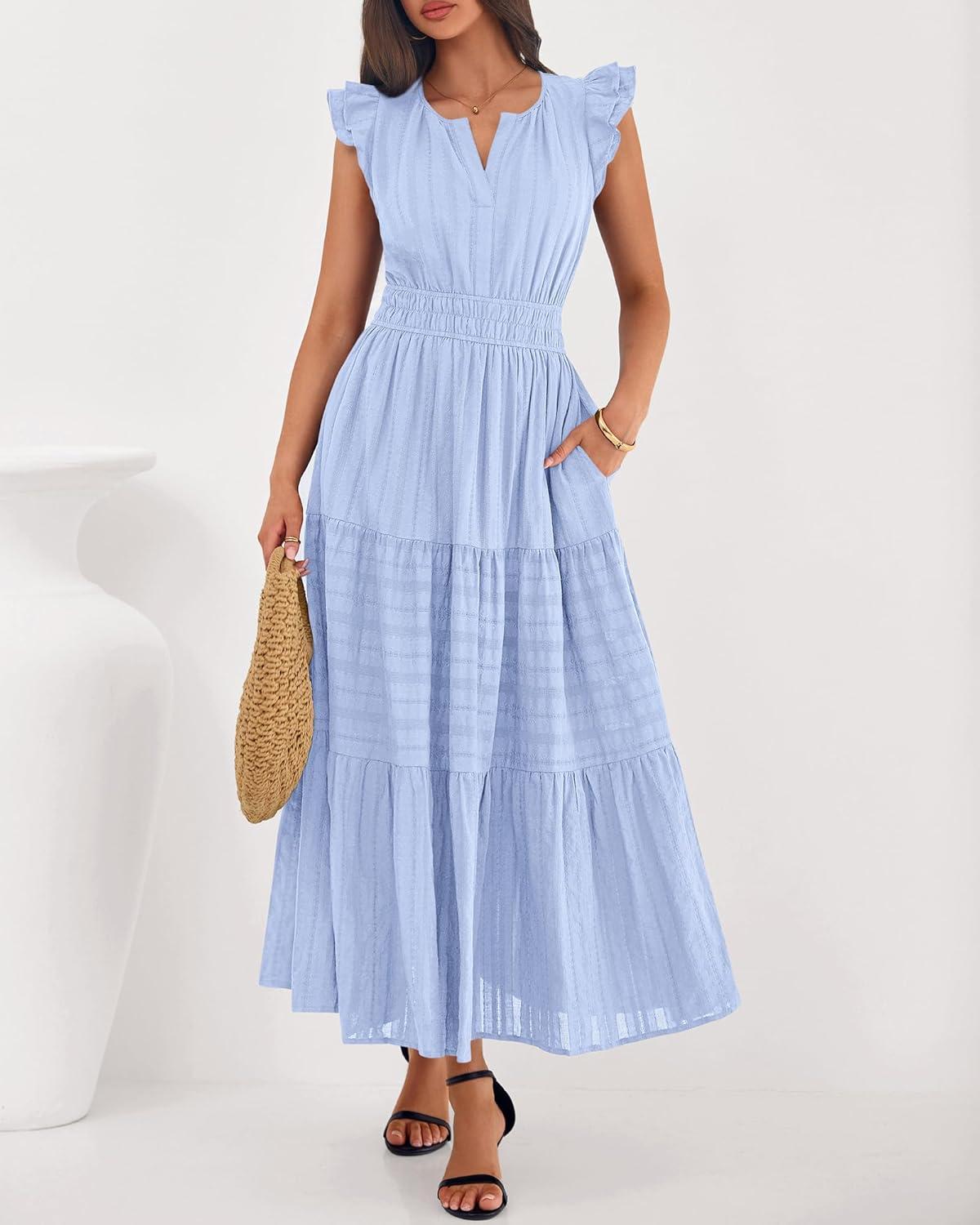 imageBTFBM Dresses for Women Spring 2026 Maxi Casual Dress Flutter Short Sleeve V Neck Elastic Waist Boho Beach Vacation PocketsLight Blue