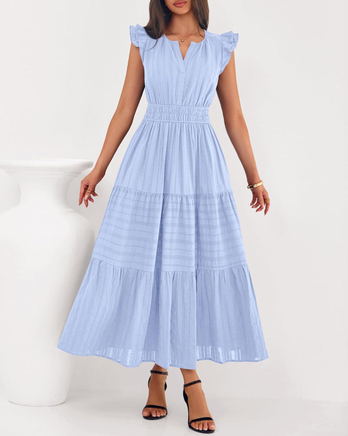 imageBTFBM Dresses for Women Spring 2026 Maxi Casual Dress Flutter Short Sleeve V Neck Elastic Waist Boho Beach Vacation PocketsLight Blue