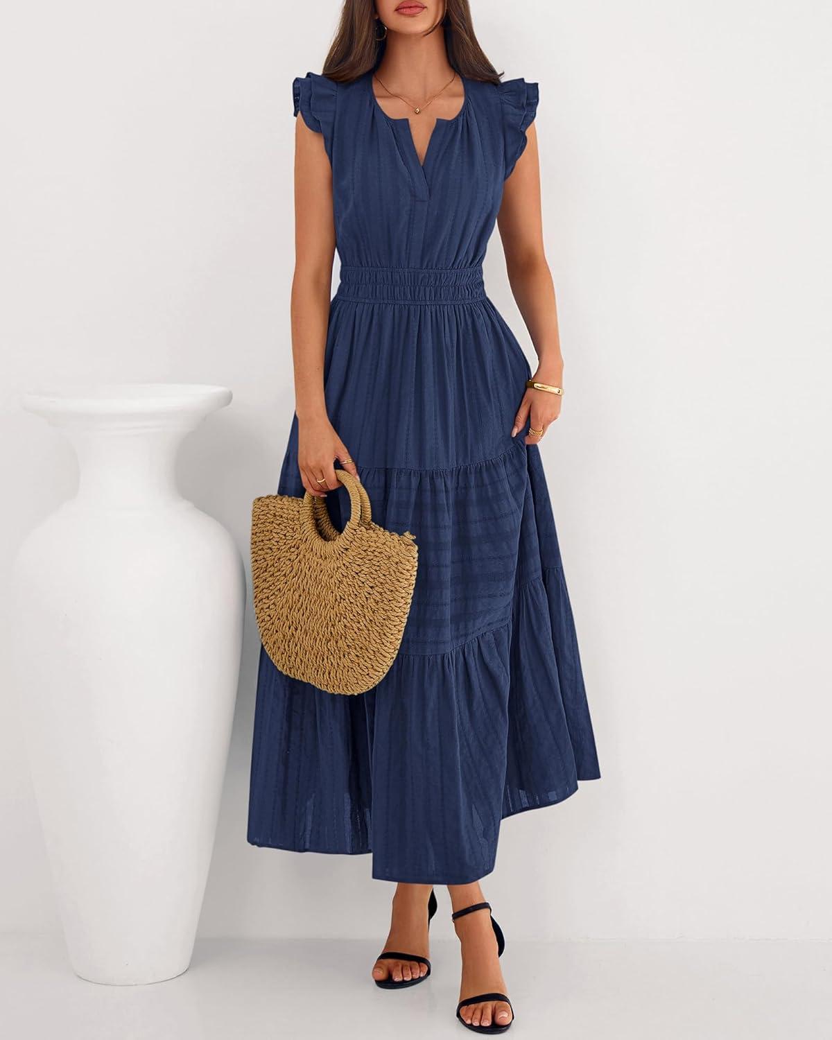 imageBTFBM Dresses for Women Spring 2026 Maxi Casual Dress Flutter Short Sleeve V Neck Elastic Waist Boho Beach Vacation PocketsNavy Blue