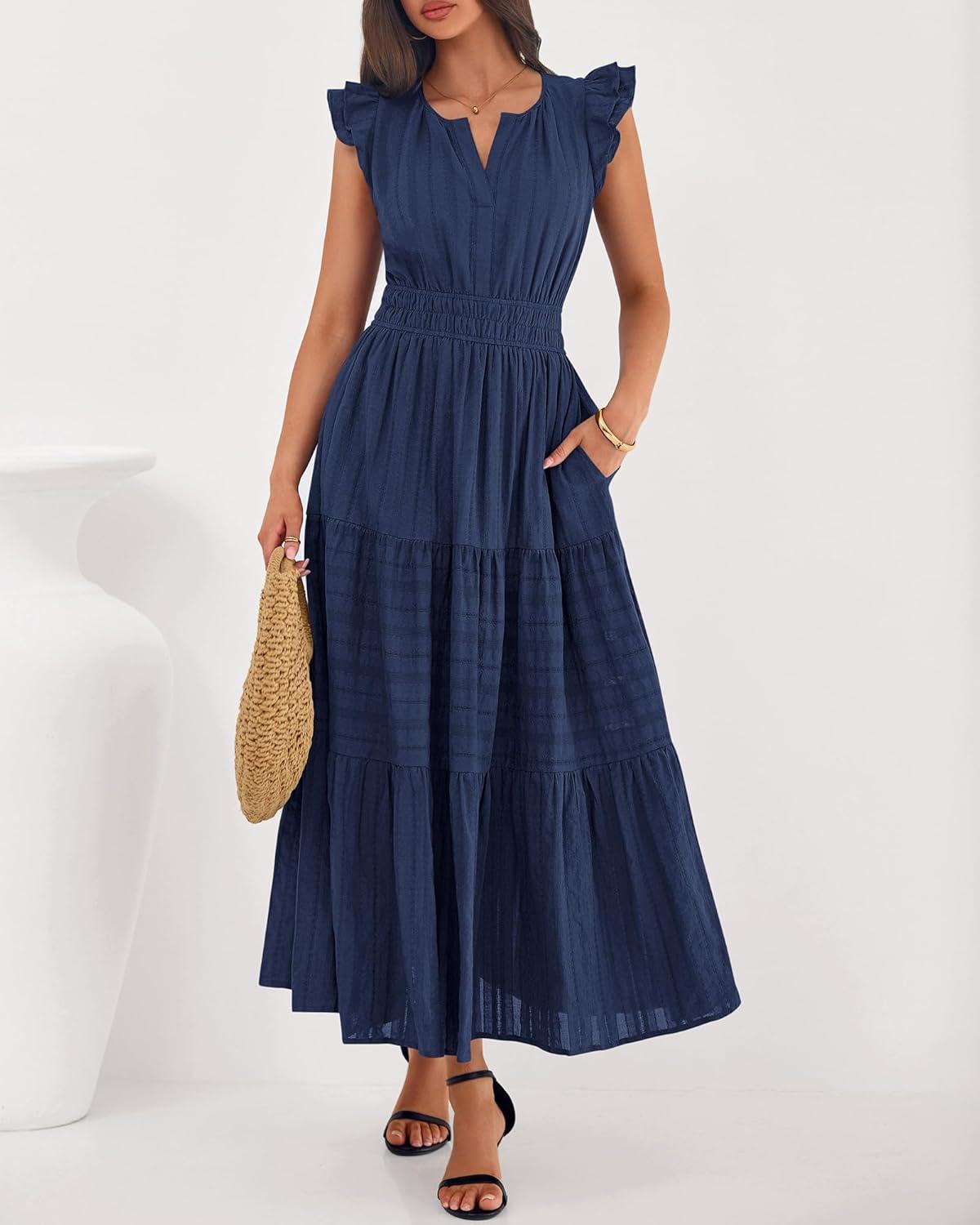 imageBTFBM Dresses for Women Spring 2026 Maxi Casual Dress Flutter Short Sleeve V Neck Elastic Waist Boho Beach Vacation PocketsNavy Blue