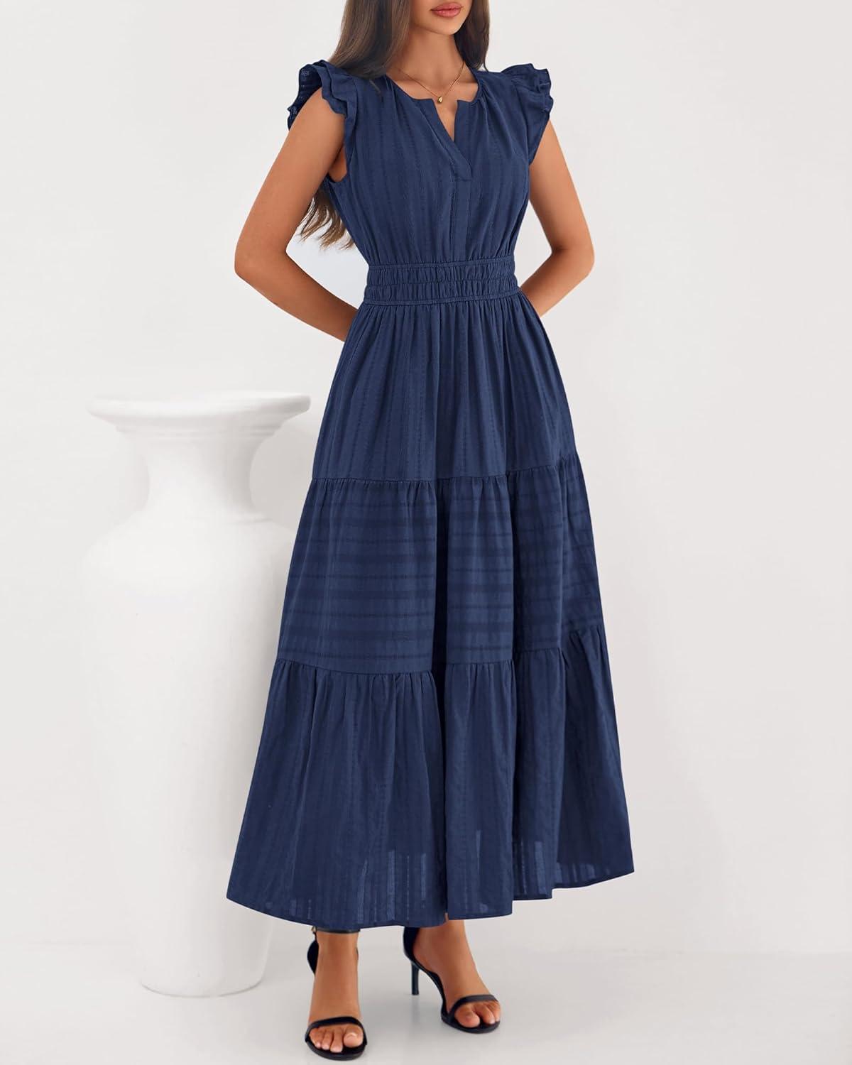 imageBTFBM Dresses for Women Spring 2026 Maxi Casual Dress Flutter Short Sleeve V Neck Elastic Waist Boho Beach Vacation PocketsNavy Blue