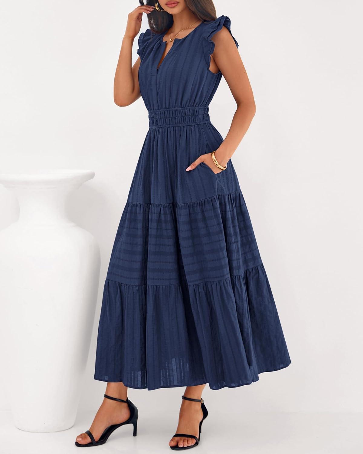 imageBTFBM Dresses for Women Spring 2026 Maxi Casual Dress Flutter Short Sleeve V Neck Elastic Waist Boho Beach Vacation PocketsNavy Blue