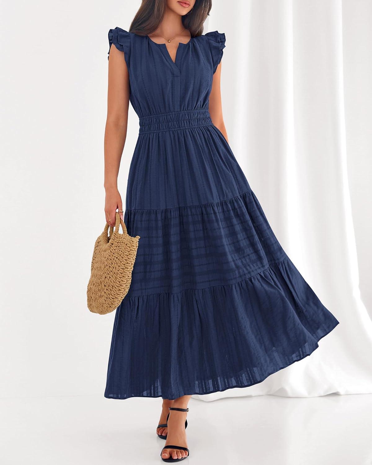 imageBTFBM Dresses for Women Spring 2026 Maxi Casual Dress Flutter Short Sleeve V Neck Elastic Waist Boho Beach Vacation PocketsNavy Blue