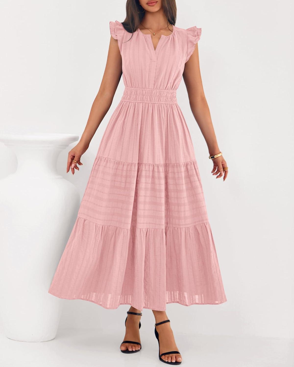 imageBTFBM Dresses for Women Spring 2026 Maxi Casual Dress Flutter Short Sleeve V Neck Elastic Waist Boho Beach Vacation PocketsPink