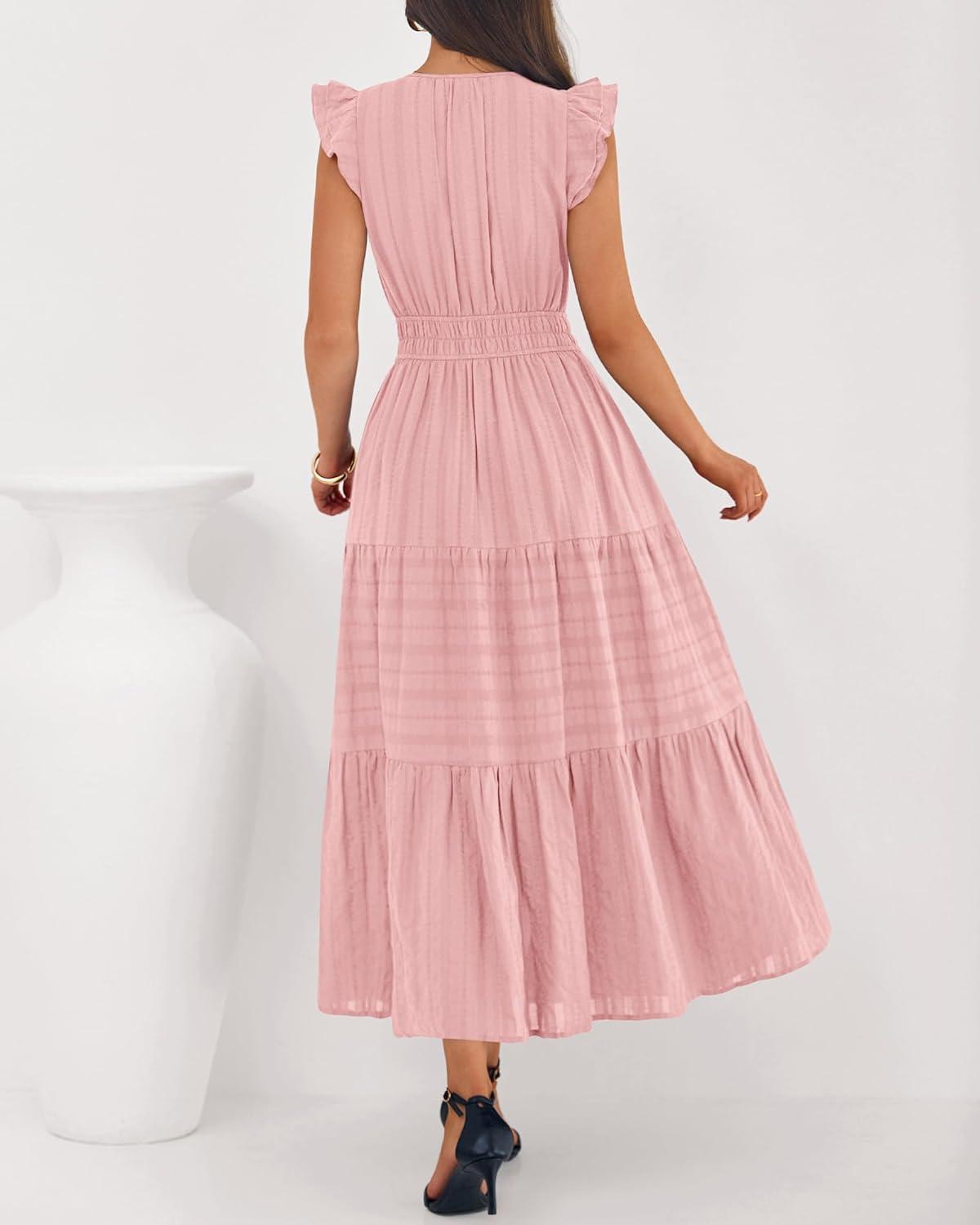 imageBTFBM Dresses for Women Spring 2026 Maxi Casual Dress Flutter Short Sleeve V Neck Elastic Waist Boho Beach Vacation PocketsPink