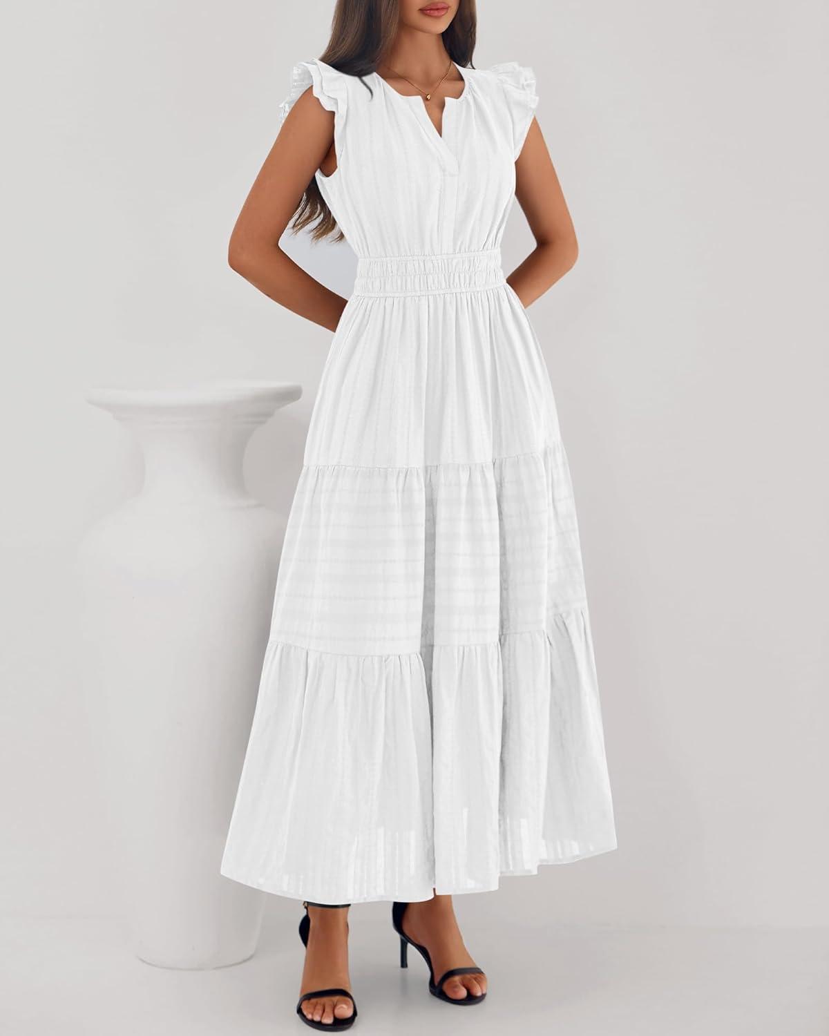 imageBTFBM Dresses for Women Spring 2026 Maxi Casual Dress Flutter Short Sleeve V Neck Elastic Waist Boho Beach Vacation PocketsWhite