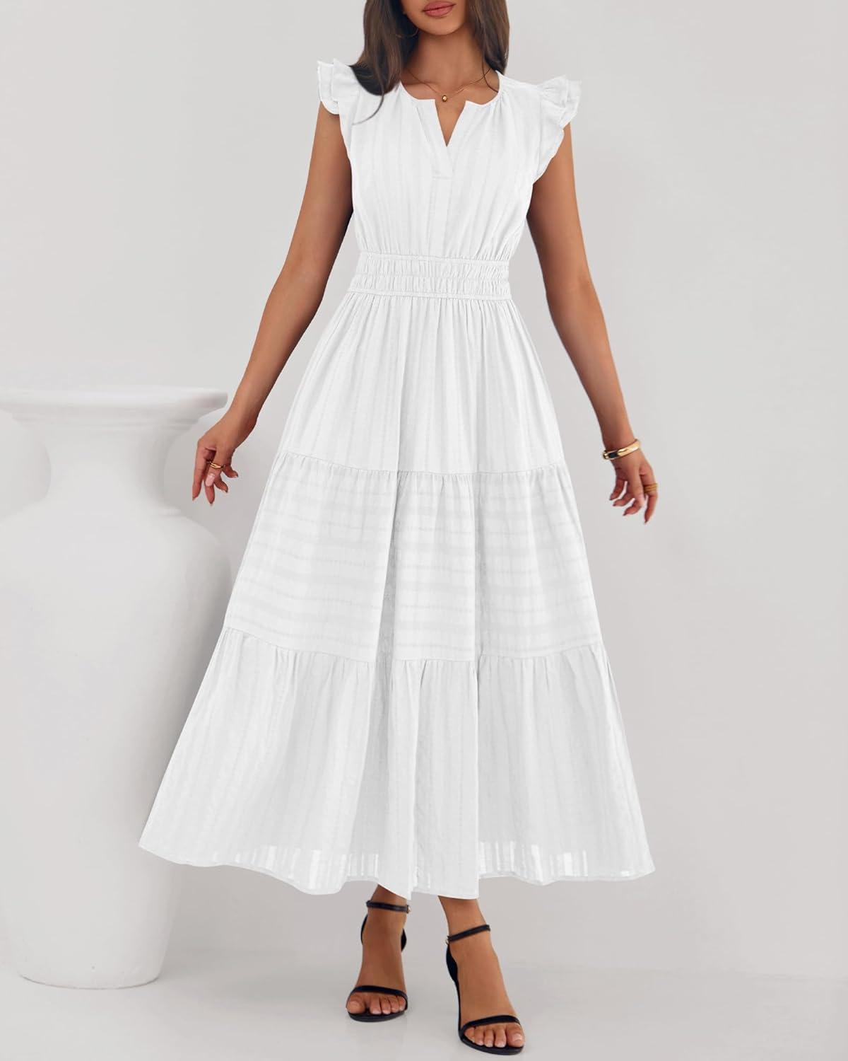 imageBTFBM Dresses for Women Spring 2026 Maxi Casual Dress Flutter Short Sleeve V Neck Elastic Waist Boho Beach Vacation PocketsWhite