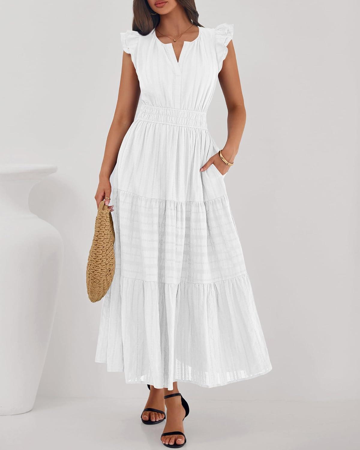 imageBTFBM Dresses for Women Spring 2026 Maxi Casual Dress Flutter Short Sleeve V Neck Elastic Waist Boho Beach Vacation PocketsWhite
