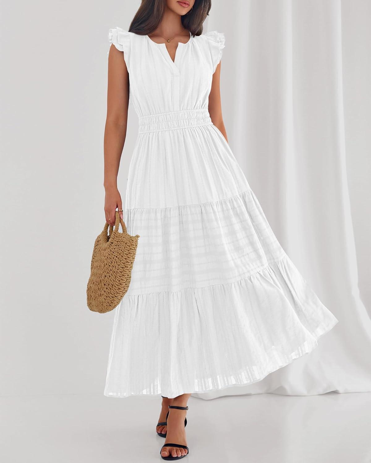 imageBTFBM Dresses for Women Spring 2026 Maxi Casual Dress Flutter Short Sleeve V Neck Elastic Waist Boho Beach Vacation PocketsWhite