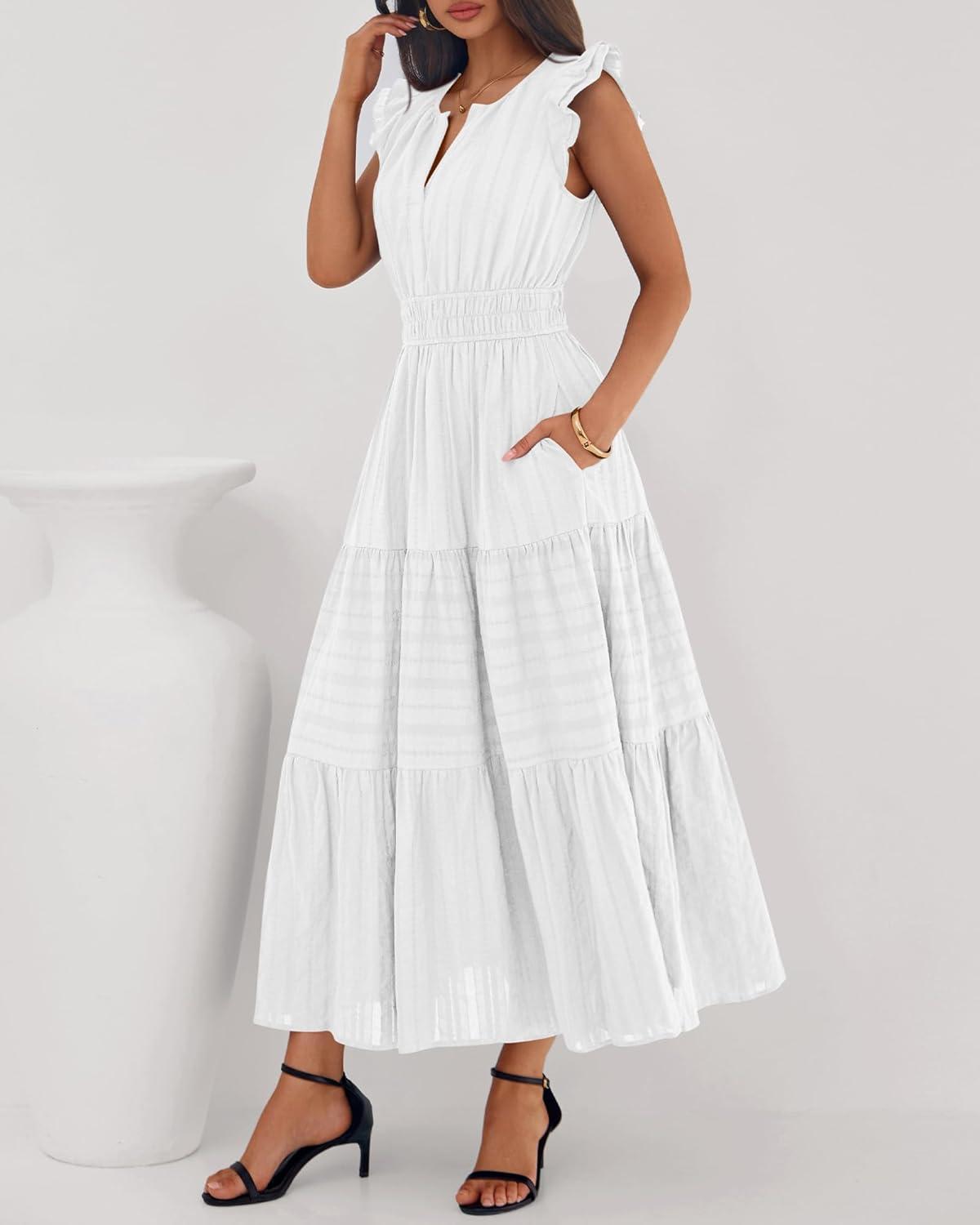 imageBTFBM Dresses for Women Spring 2026 Maxi Casual Dress Flutter Short Sleeve V Neck Elastic Waist Boho Beach Vacation PocketsWhite