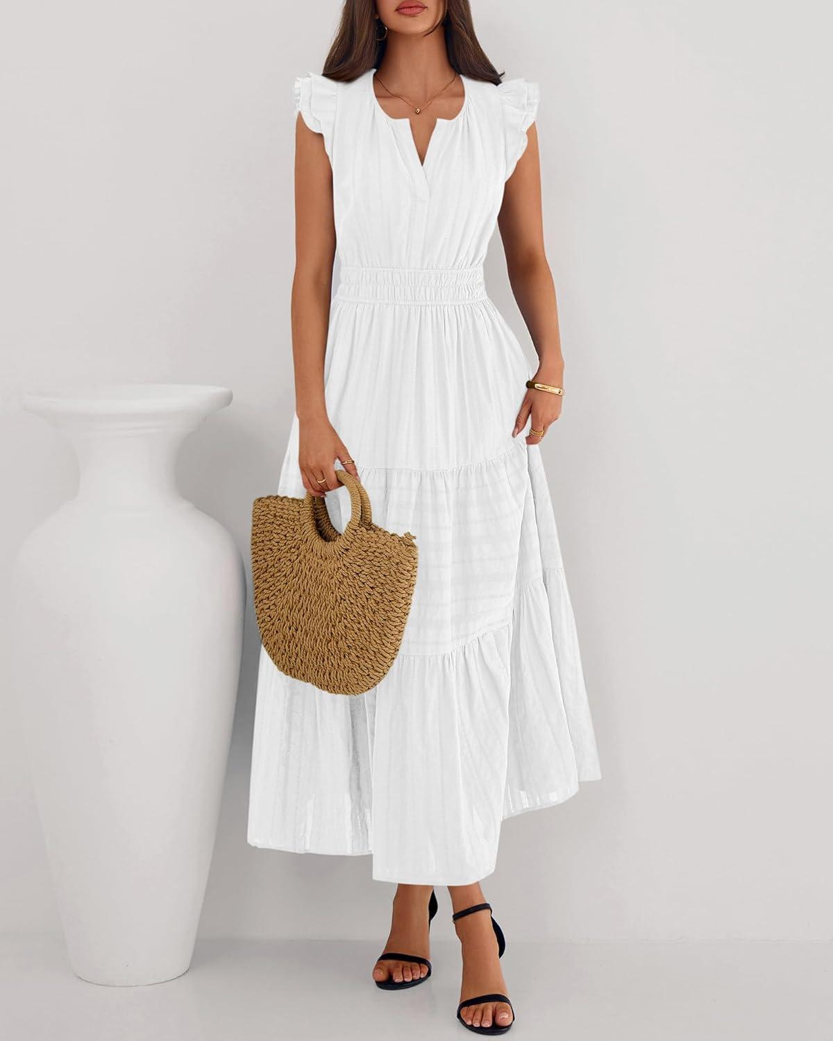 imageBTFBM Dresses for Women Spring 2026 Maxi Casual Dress Flutter Short Sleeve V Neck Elastic Waist Boho Beach Vacation PocketsWhite