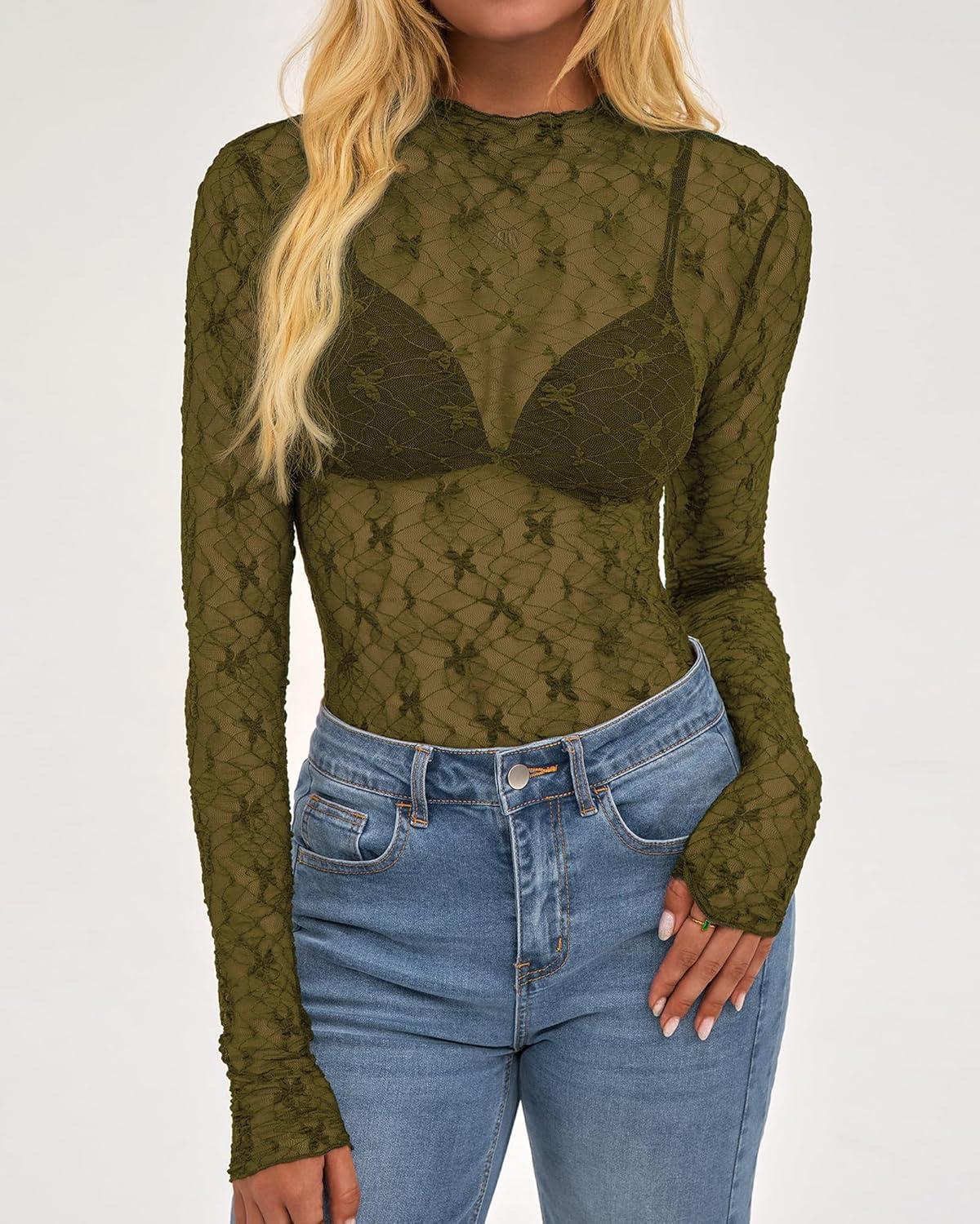 imageBTFBM Lace Tops for Women 2025 See Through Mesh Top Crew Neck Long Sleeve Fitted Sheer Party Club Outfits Fall FashionArmy Green
