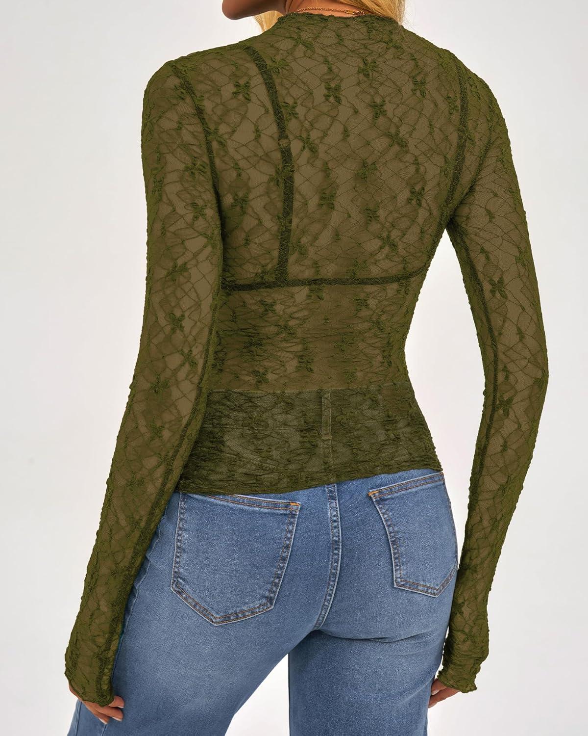 imageBTFBM Lace Tops for Women 2025 See Through Mesh Top Crew Neck Long Sleeve Fitted Sheer Party Club Outfits Fall FashionArmy Green