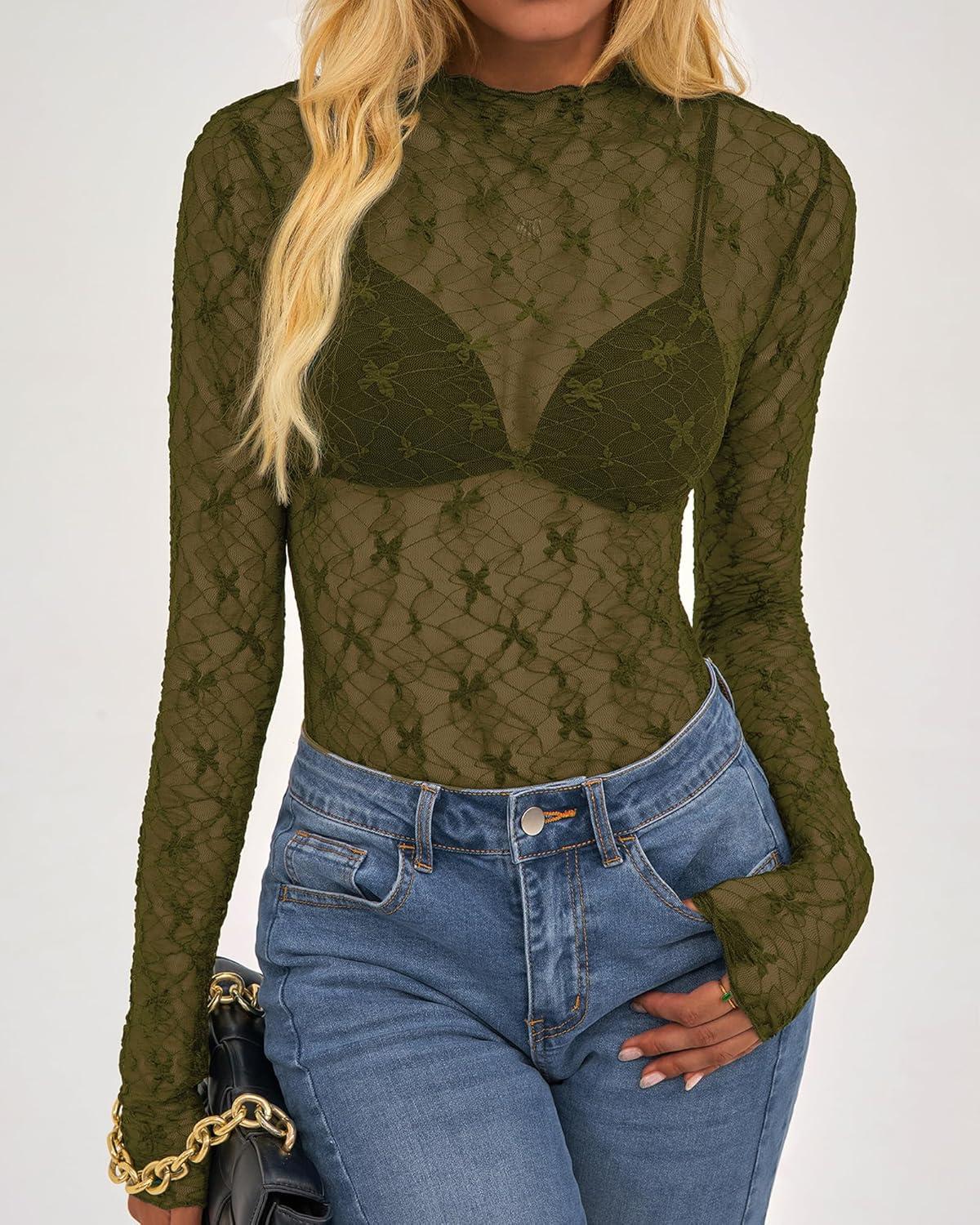 imageBTFBM Lace Tops for Women 2025 See Through Mesh Top Crew Neck Long Sleeve Fitted Sheer Party Club Outfits Fall FashionArmy Green
