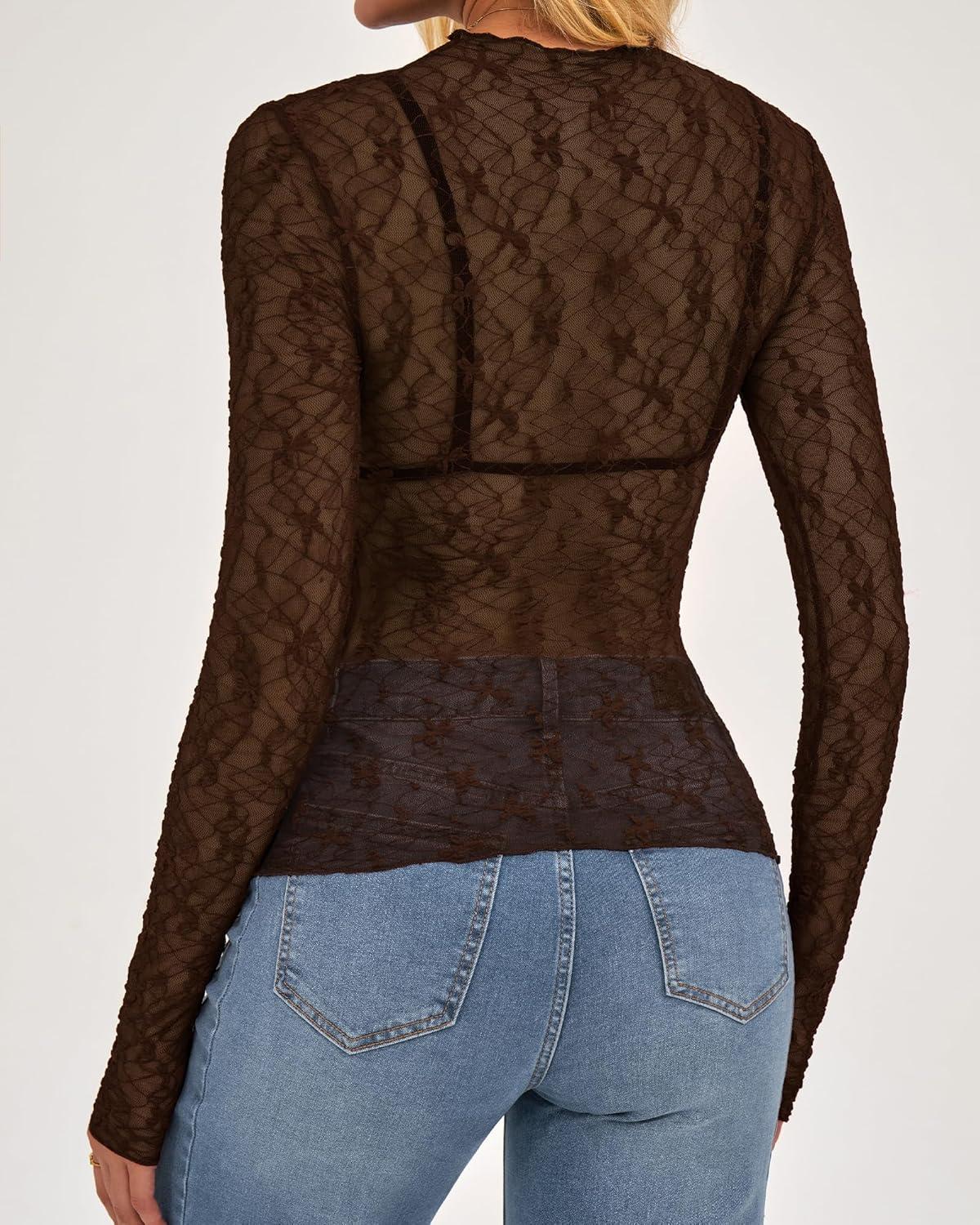 imageBTFBM Lace Tops for Women 2025 See Through Mesh Top Crew Neck Long Sleeve Fitted Sheer Party Club Outfits Fall FashionBrown