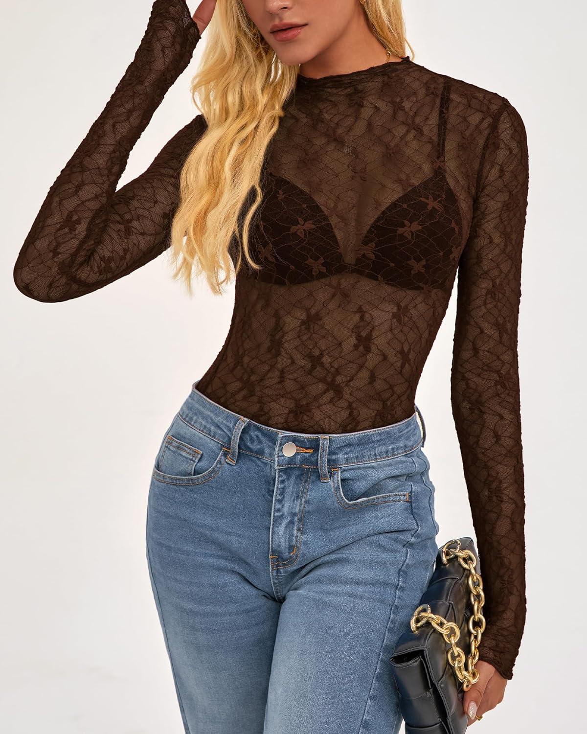 imageBTFBM Lace Tops for Women 2025 See Through Mesh Top Crew Neck Long Sleeve Fitted Sheer Party Club Outfits Fall FashionBrown